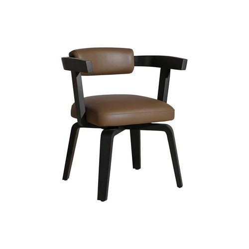 Armchair with brown upholstered seat and backrest, supported by dark wooden frame and legs; curved armrests and four splayed legs; stitched seams visible on cushions; designed for seated use in dining or living areas. Category: Furniture > Chairs > Dining Chairs