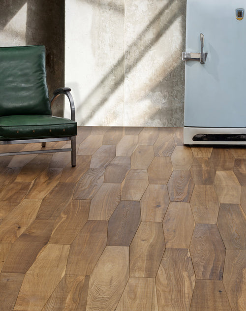 F45-Natural wood- Geometric Parquet Flooring,Long hexagon,Heat-treated Oak,Full-serrated