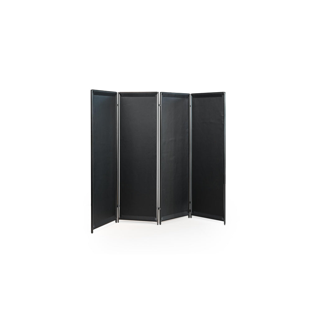 Four-panel room divider with black fabric panels and dark metal frames; each panel connected by hinges; straight vertical edges; no visible legs or handles; intended for space separation; Category: Furniture > Room Dividers
