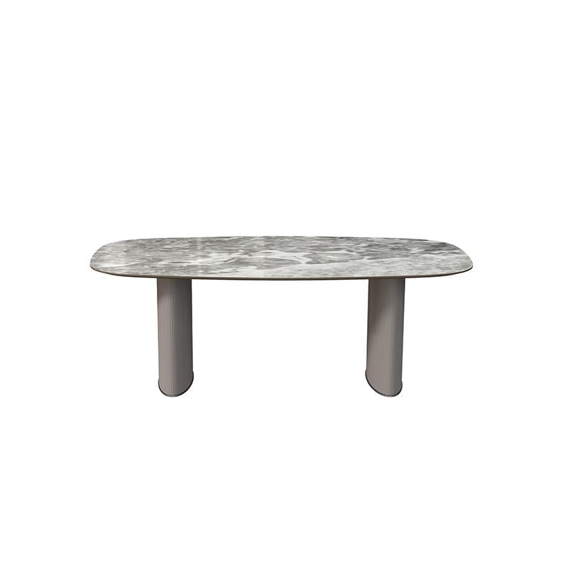 Modern dining table with oval top in gray marble finish supported by two cylindrical legs with vertical grooves; intended for dining; Category: Furniture > Dining Tables > Dining Tables