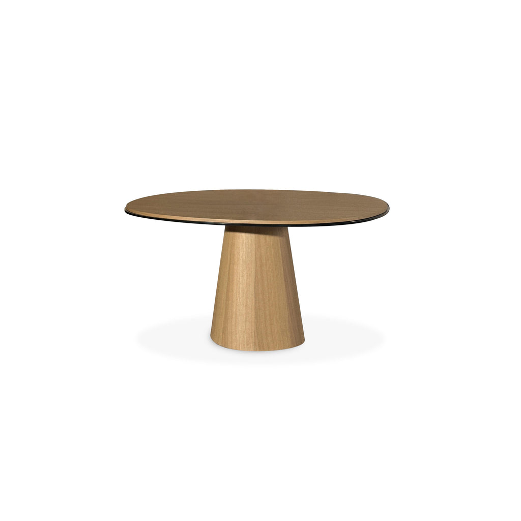 Round dining table with a light wood finish top and matching tapered pedestal base. The tabletop has a thin black edge. Made of wood with visible grain. Intended for dining or serving. Category: furniture/dining-tables