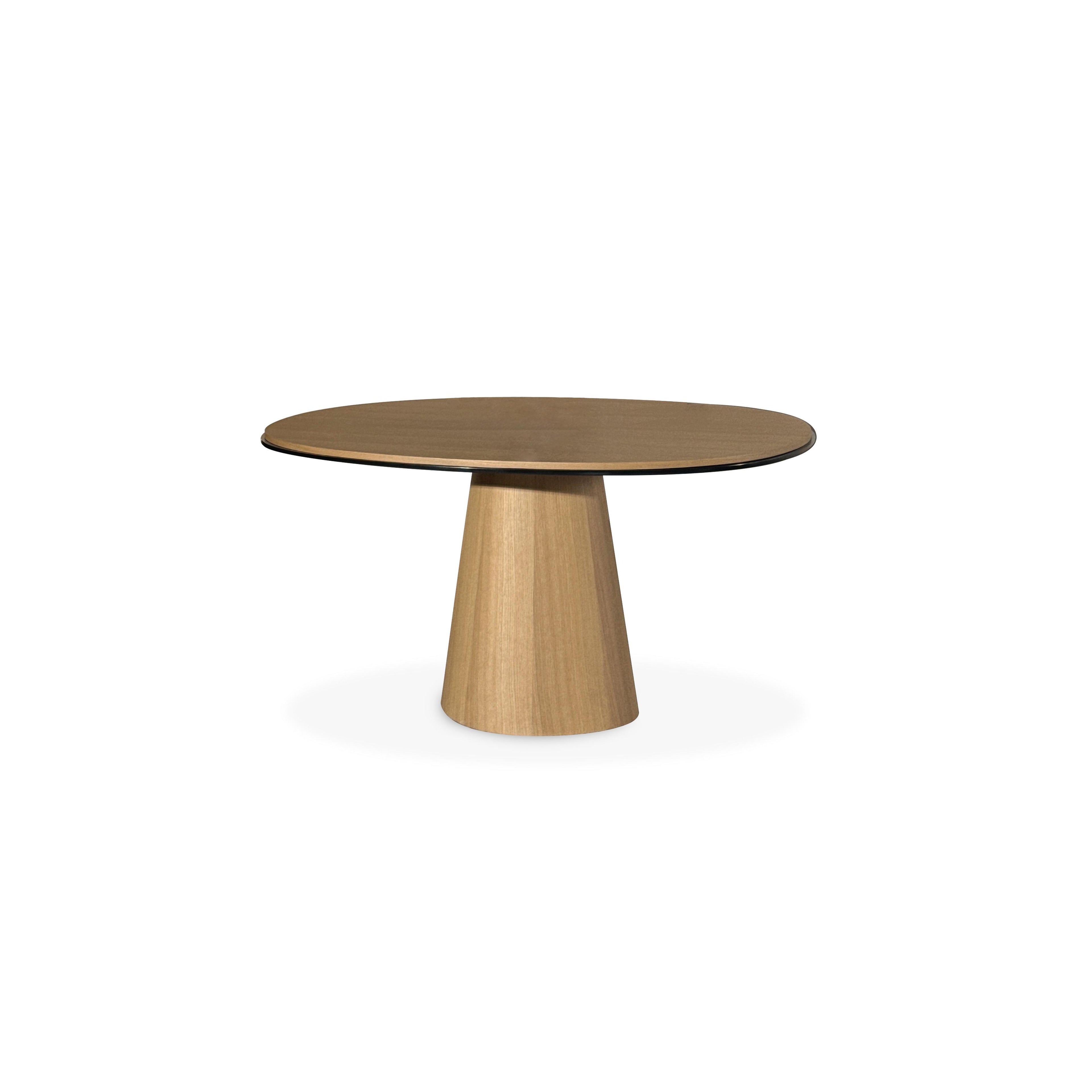 Round dining table with a light wood finish top and matching tapered pedestal base. The tabletop has a thin black edge. Made of wood with visible grain. Intended for dining or serving. Category: furniture/dining-tables