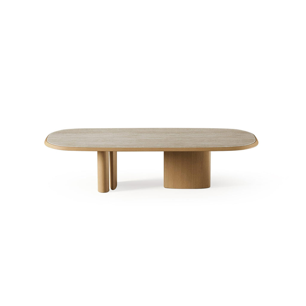 Modern coffee table with oval top and light wood finish, supported by two cylindrical legs and a central pedestal base; top surface has subtle wood grain texture; designed for placing items on a living room or lounge area; distinctively shaped with rounded edges and minimalistic structure. Category: furniture/coffee-tables