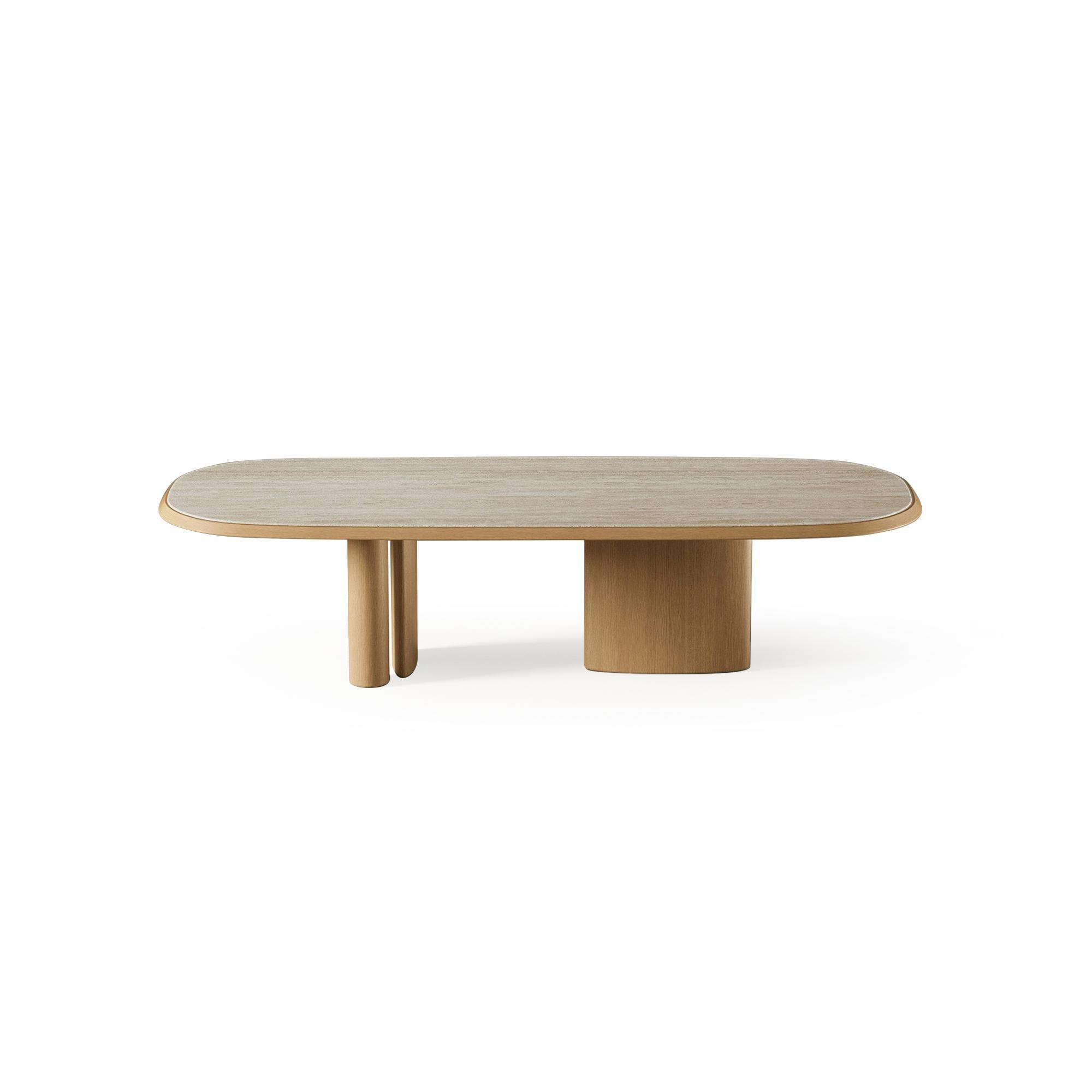 Modern coffee table with oval top and light wood finish, supported by two cylindrical legs and a central pedestal base; top surface has subtle wood grain texture; designed for placing items on a living room or lounge area; distinctively shaped with rounded edges and minimalistic structure. Category: furniture/coffee-tables
