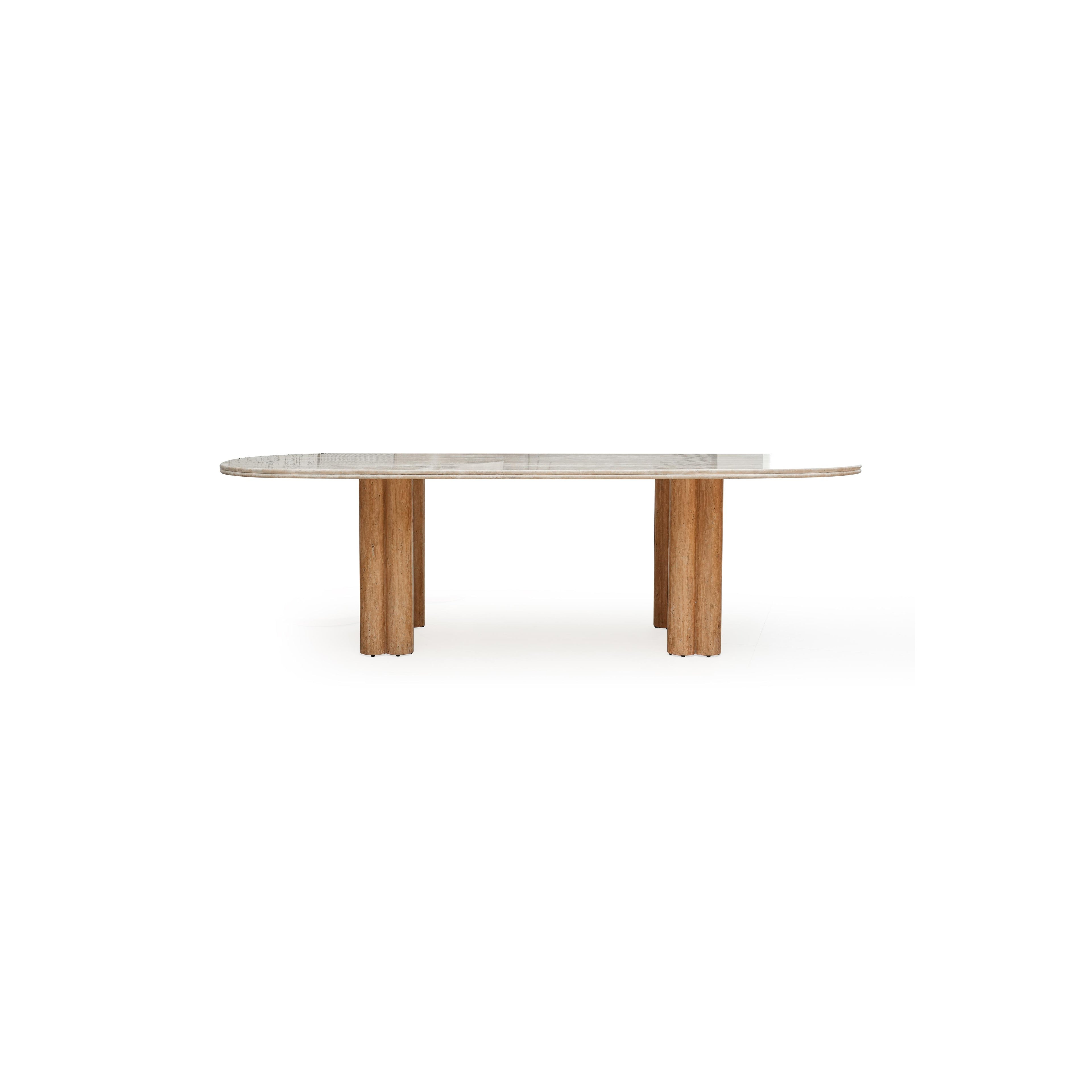 This is a modern dining table with an oval top and two sets of cylindrical legs. The surface has a light wood grain finish, while the legs show a textured, stone-like appearance. It is designed for dining, featuring a minimalist structure with no visible handles or fasteners. Category: furniture/dining-tables