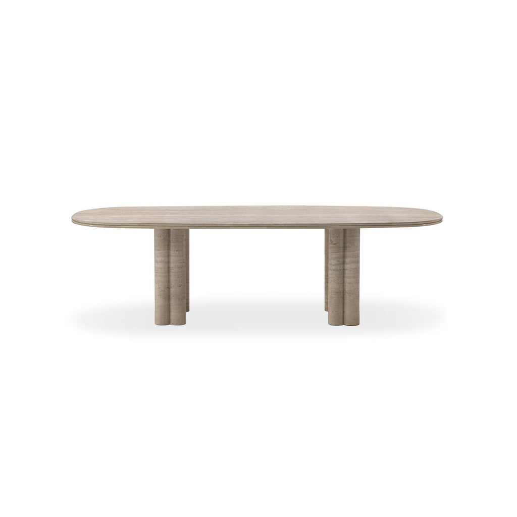This is a modern dining table with an oval top and two sets of cylindrical legs. The surface has a light wood grain finish, while the legs show a textured, stone-like appearance. It is designed for dining, featuring a minimalist structure with no visible handles or fasteners. Category: furniture/dining-tables