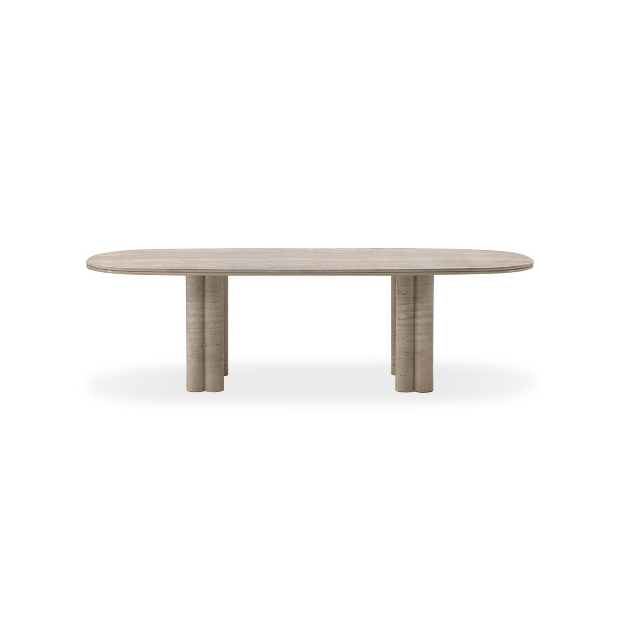 This is a modern dining table with an oval top and two sets of cylindrical legs. The surface has a light wood grain finish, while the legs show a textured, stone-like appearance. It is designed for dining, featuring a minimalist structure with no visible handles or fasteners. Category: furniture/dining-tables