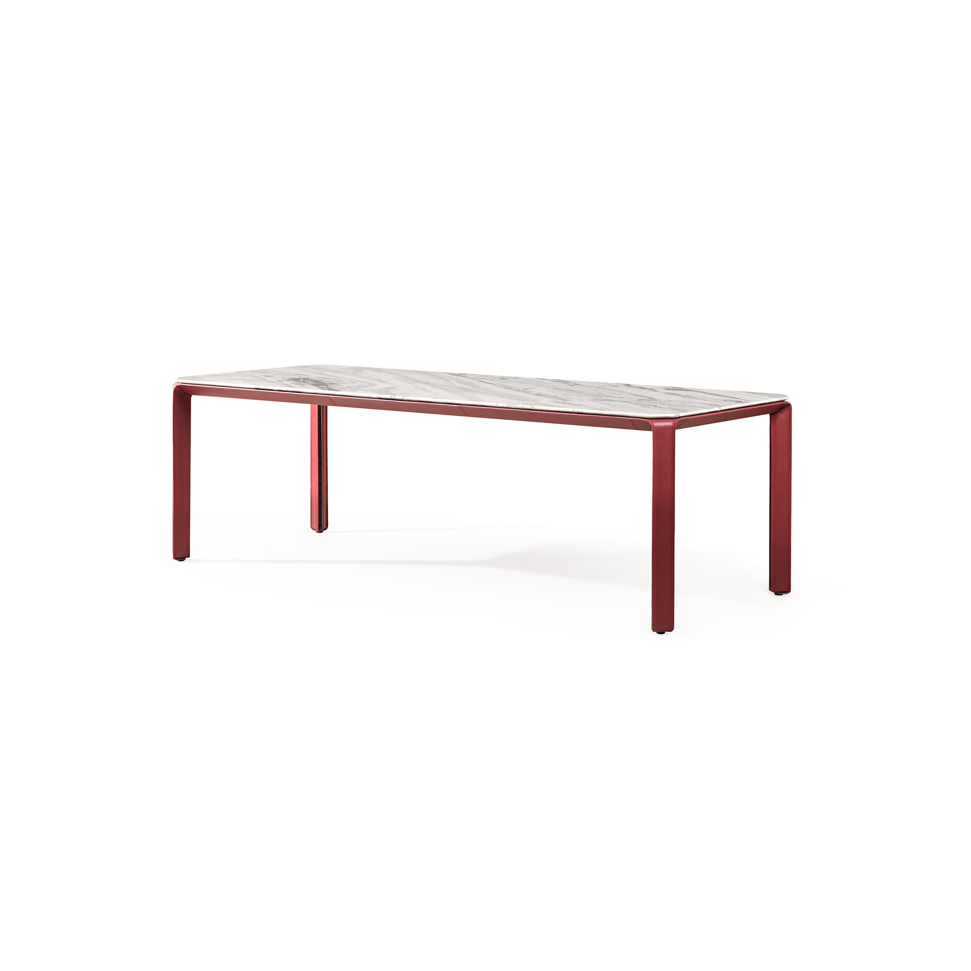 Rectangular coffee table with a light gray marble top and reddish-brown metal legs. Four straight legs support the flat surface. Minimalist design, no visible handles or fasteners. Intended for placing items on a living room floor. Category: furniture/coffee-tables