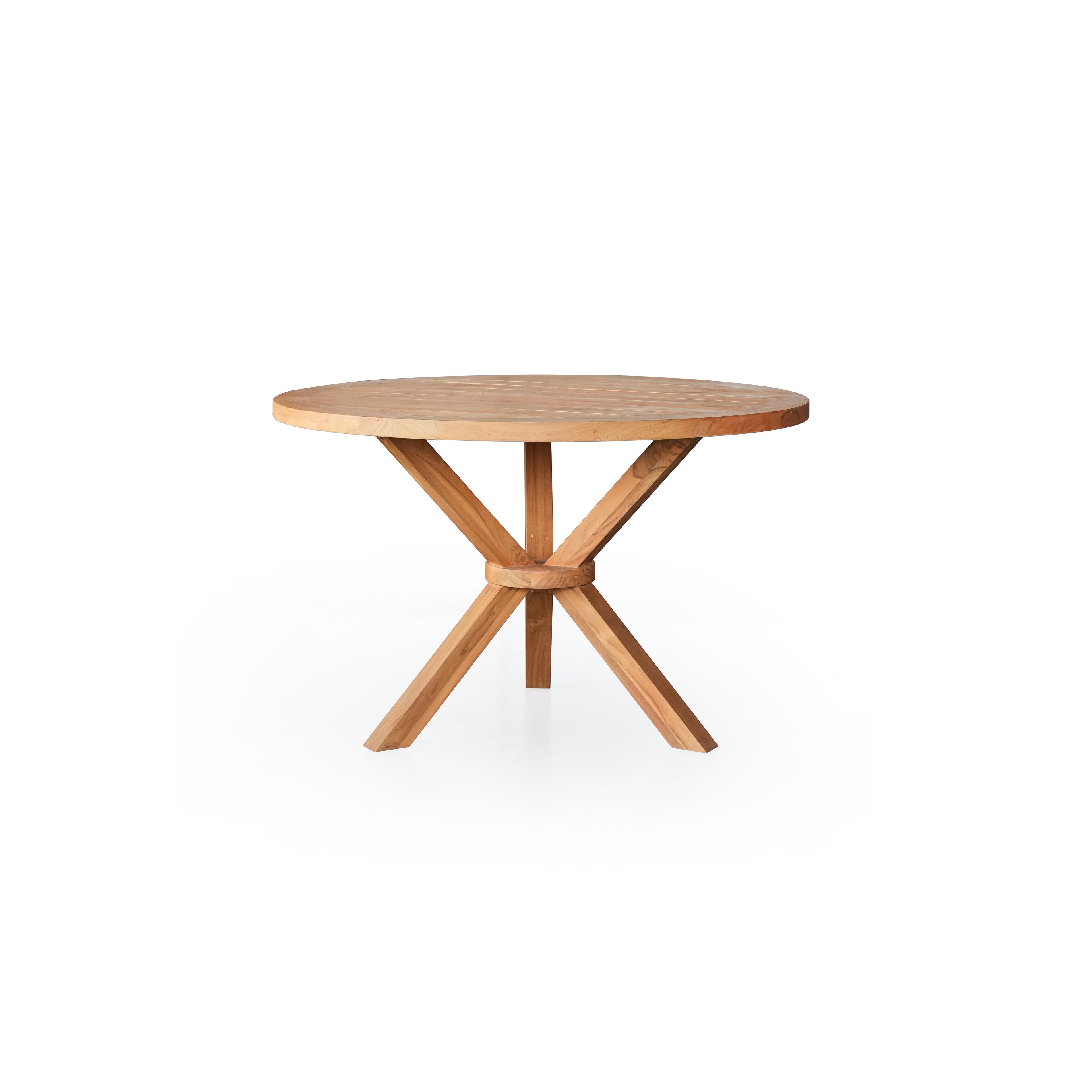 Round wooden dining table with a flat circular top and four angled legs meeting at a central support ring. Natural wood grain and light finish visible. Intended for dining or seating. Category: furniture/dining-tables