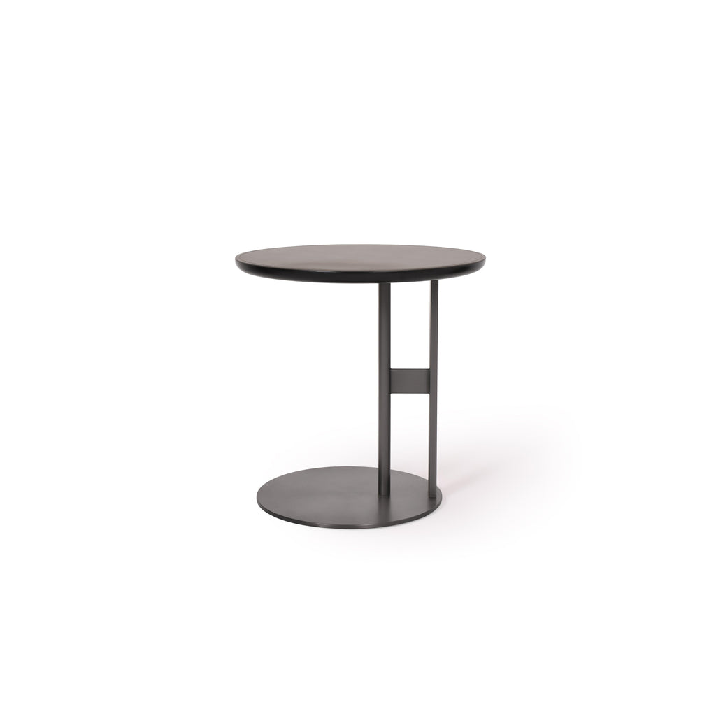Round side table with dark matte finish top and matching circular base, supported by two vertical metal legs connected by a horizontal bar; minimalist design for use as a coffee or accent table; Category: Furniture > Tables > Side Tables