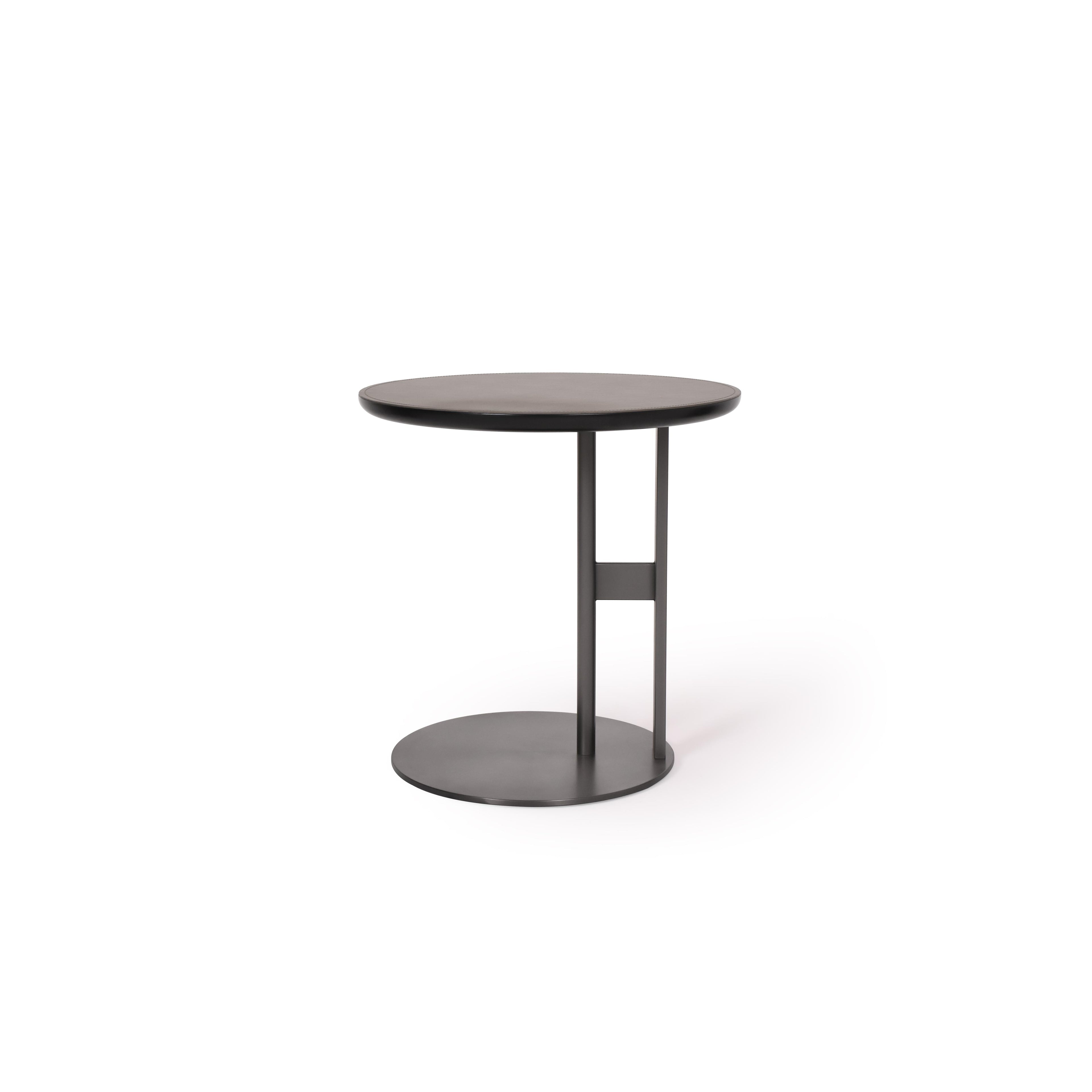 Round side table with dark matte finish top and matching circular base, supported by two vertical metal legs connected by a horizontal bar; minimalist design for use as a coffee or accent table; Category: Furniture > Tables > Side Tables