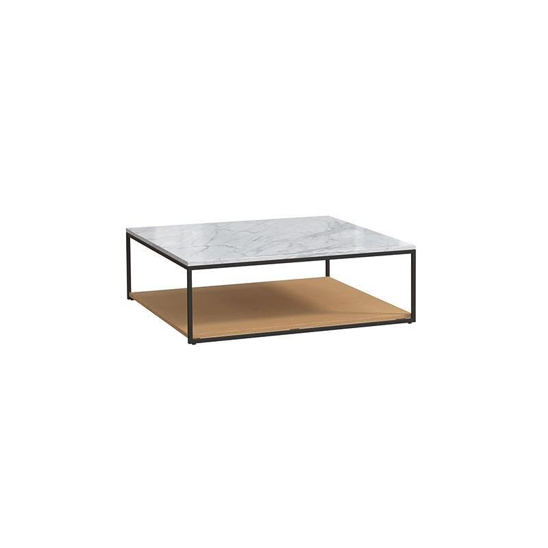 Rectangular coffee table with white marble top and light wood lower shelf, supported by black metal frame legs. Features open structure with visible support beams. Intended for placing items or storage. Category: furniture/coffee-tables