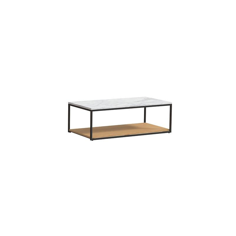 Rectangular coffee table with white marble top and light wood lower shelf, supported by black metal frame legs. Features open structure with visible support beams. Intended for placing items or storage. Category: furniture/coffee-tables