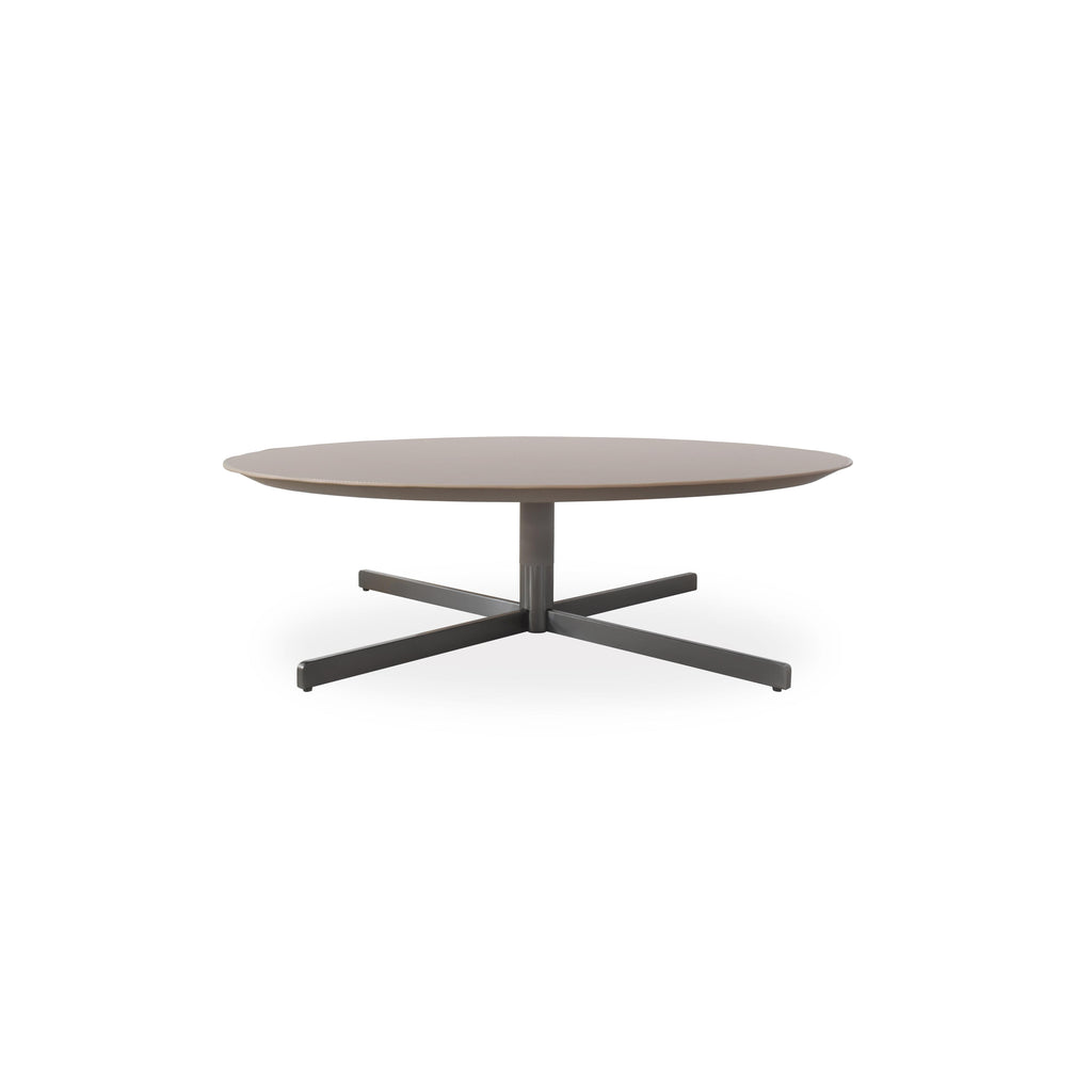 Round table with white top and dark metal base, featuring a central column and X-shaped cross legs. Minimalist design with smooth surfaces and no visible upholstery or handles. Intended for dining or workspaces. Category: furniture > tables > round tables