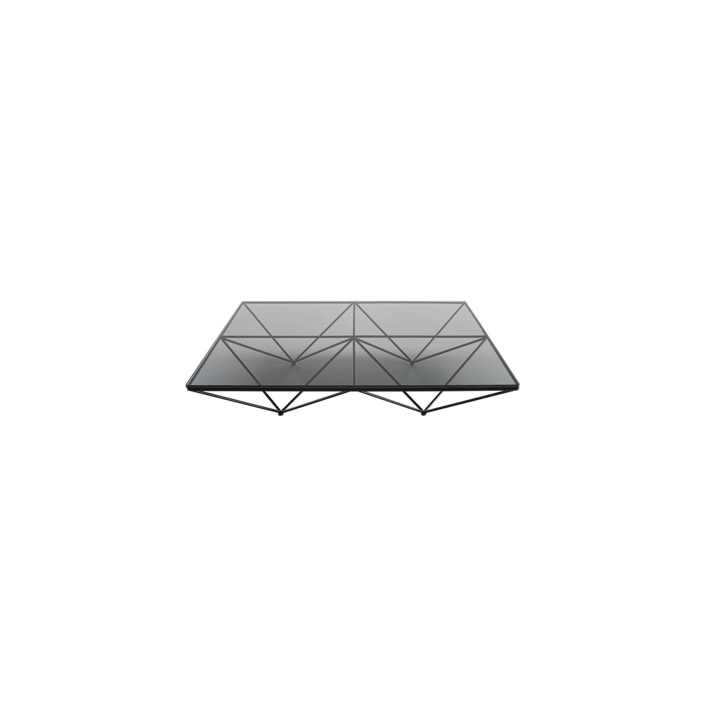 Geometric glass-top shelf with black metal frame, featuring triangular lattice structure and flat glass surface, designed for displaying items; minimalist form with visible support rods and clean edges. Category: Furniture > Shelves > Wall Shelves