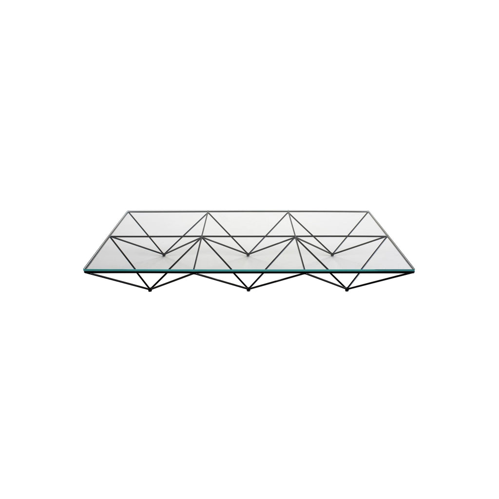 Geometric glass-top shelf with black metal frame, featuring triangular lattice structure and flat glass surface, designed for displaying items; minimalist form with visible support rods and clean edges. Category: Furniture > Shelves > Wall Shelves