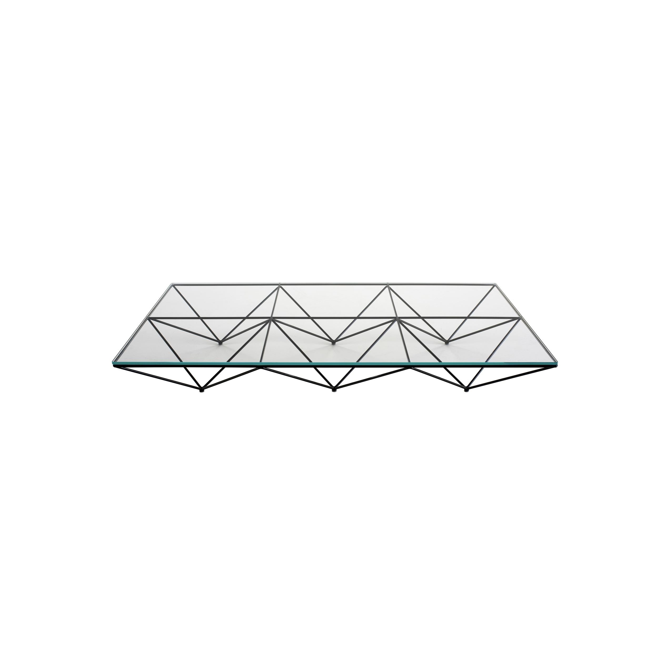 Geometric glass-top shelf with black metal frame, featuring triangular lattice structure and flat glass surface, designed for displaying items; minimalist form with visible support rods and clean edges. Category: Furniture > Shelves > Wall Shelves