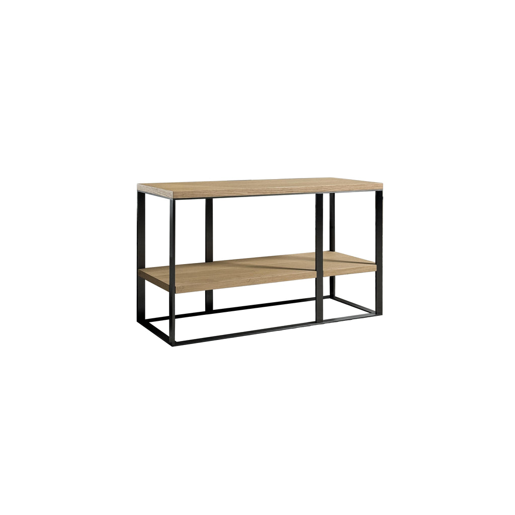 Two-tier console table with light wood-tone shelves and black metal frame legs. Rectangular form with open structure, visible wood grain on surfaces, and straight vertical supports. Designed for display or storage in entryways or hallways. Category: furniture/console-tables