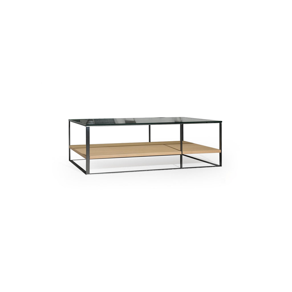 Rectangular coffee table with black metal frame and glass top, featuring a light wood shelf below. Two-tiered structure with visible metal legs and horizontal supports. Designed for surface placement in living areas. Category: furniture/coffee-tables