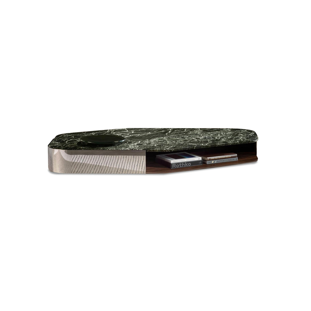 Modern low-profile media console with dark green marble top and brushed metallic side panel; features open shelf holding books and a device; wood-grain interior; designed for media storage and display; Category: Furniture > Coffee Tables & Media Consoles