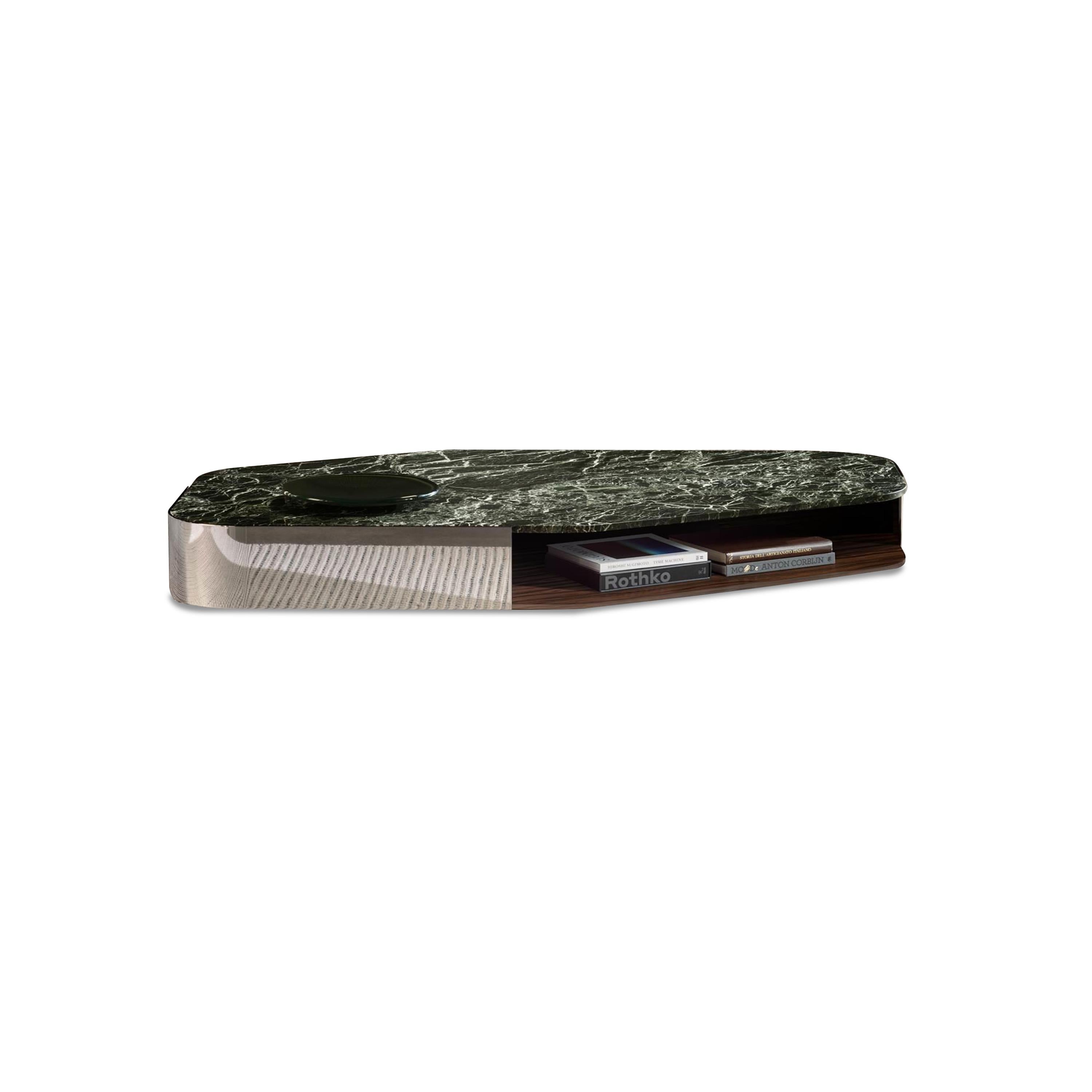Modern low-profile media console with dark green marble top and brushed metallic side panel; features open shelf holding books and a device; wood-grain interior; designed for media storage and display; Category: Furniture > Coffee Tables & Media Consoles