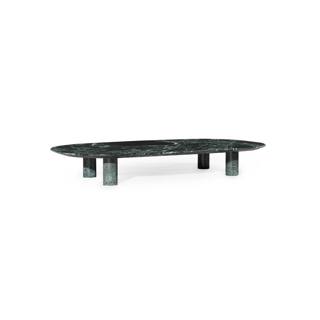 Oval coffee table with a smooth, light gray marble top supported by four cylindrical marble legs; minimalist design for placing items like books or drinks; no visible handles, fasteners, or upholstery; intended for use as a center table in living spaces; Category: furniture/coffee-tables