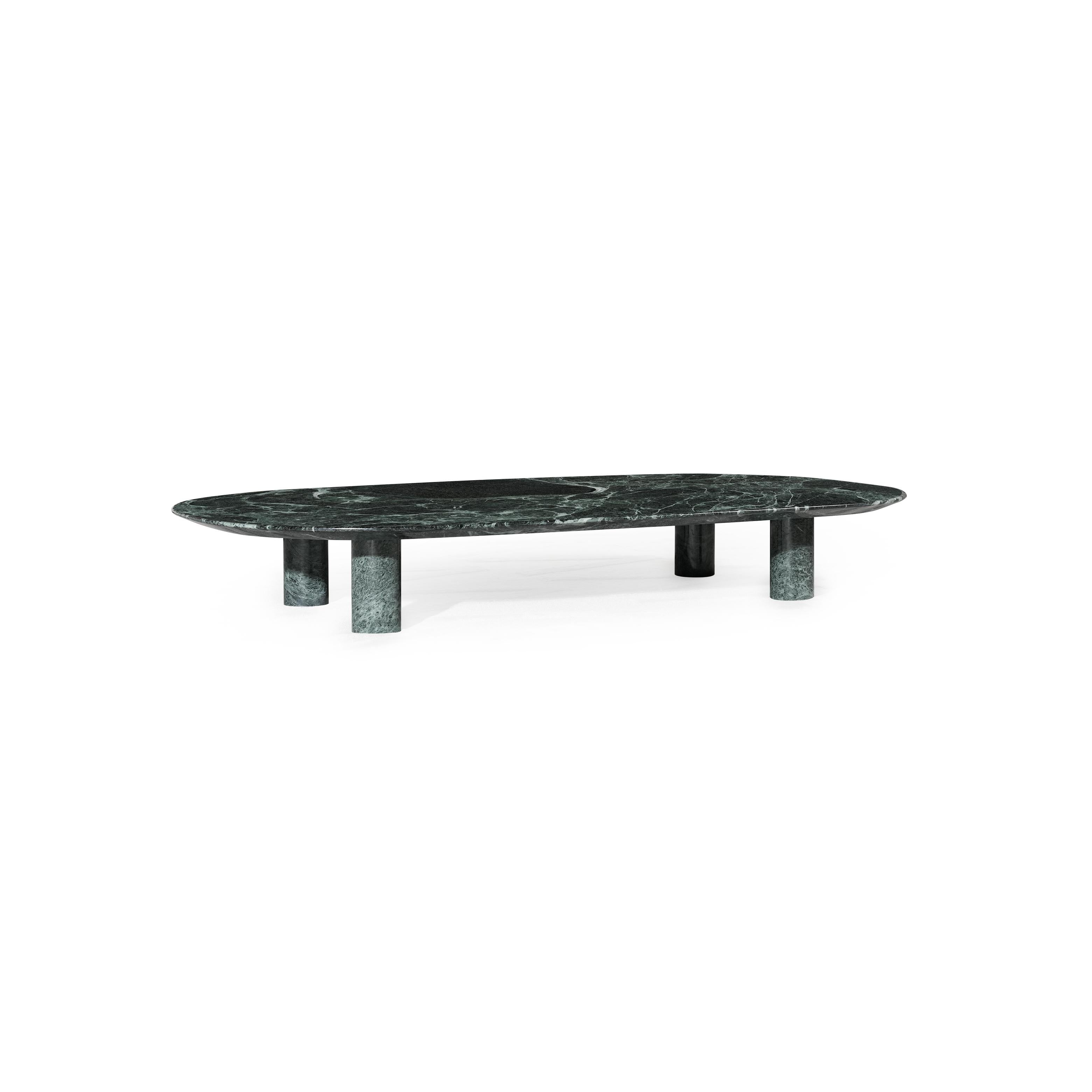 Oval coffee table with a smooth, light gray marble top supported by four cylindrical marble legs; minimalist design for placing items like books or drinks; no visible handles, fasteners, or upholstery; intended for use as a center table in living spaces; Category: furniture/coffee-tables