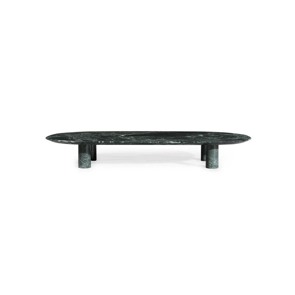 Oval coffee table with a smooth, light gray marble top supported by four cylindrical marble legs; minimalist design for placing items like books or drinks; no visible handles, fasteners, or upholstery; intended for use as a center table in living spaces; Category: furniture/coffee-tables