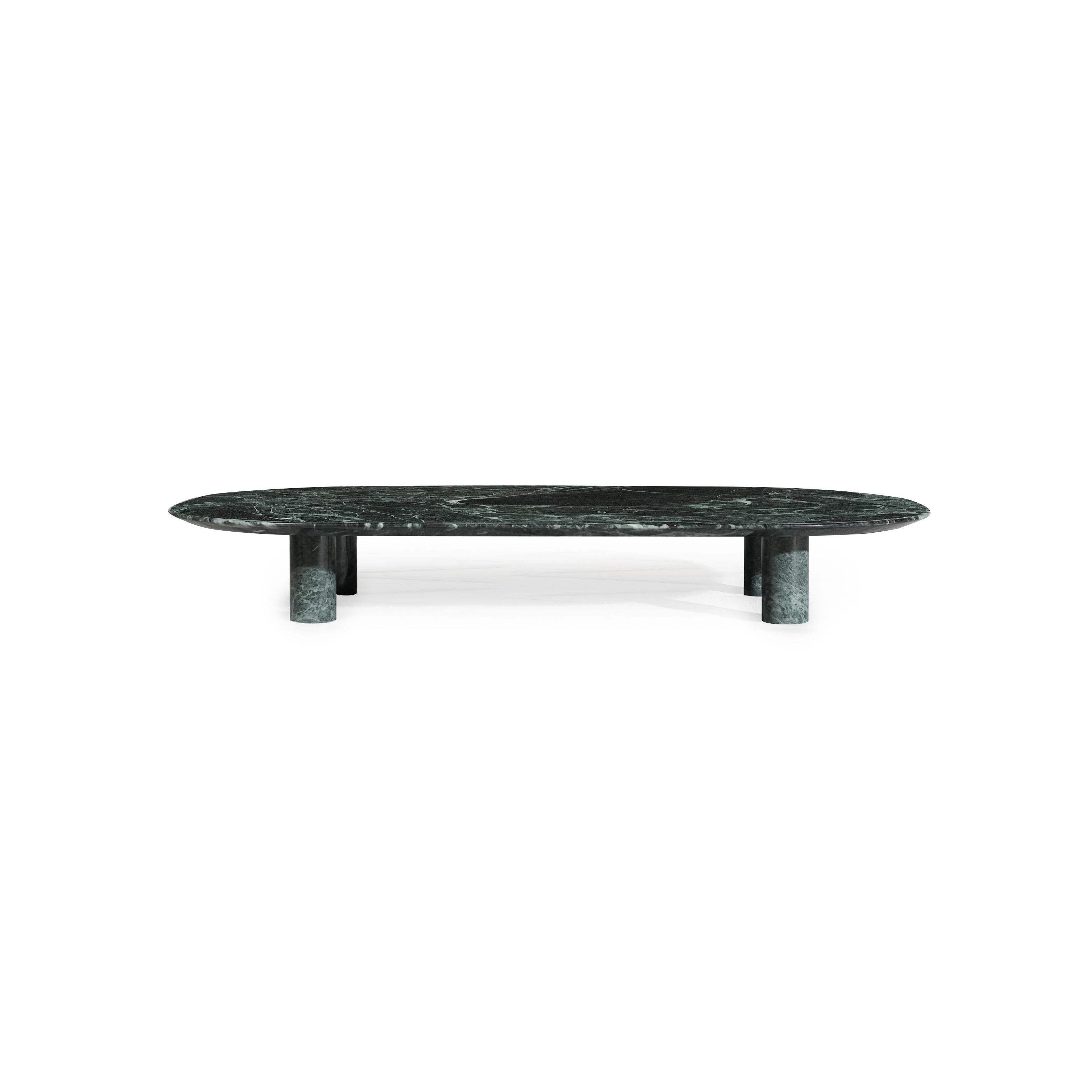Oval coffee table with a smooth, light gray marble top supported by four cylindrical marble legs; minimalist design for placing items like books or drinks; no visible handles, fasteners, or upholstery; intended for use as a center table in living spaces; Category: furniture/coffee-tables
