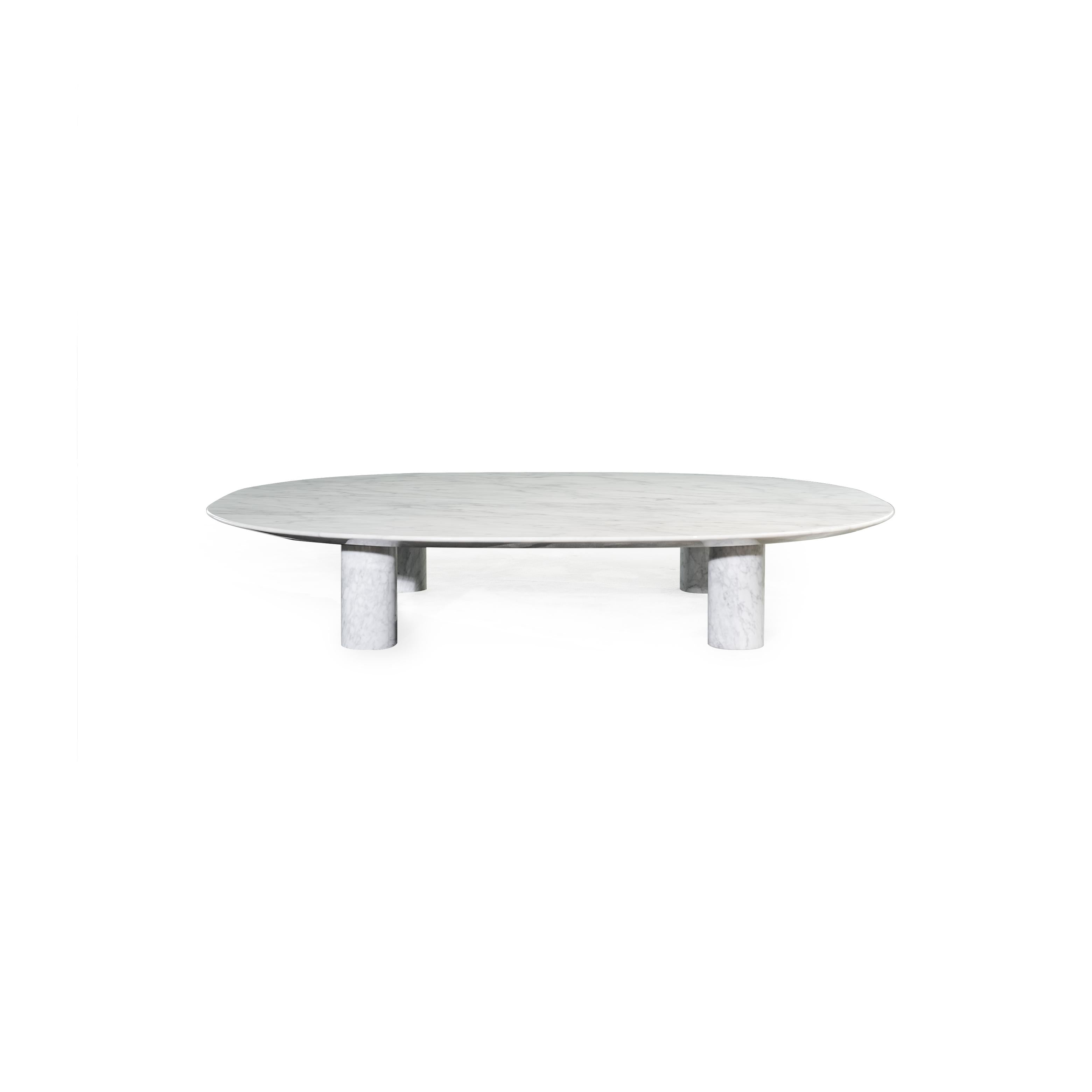 Oval coffee table with a smooth, light gray marble top supported by four cylindrical marble legs; minimalist design for placing items like books or drinks; no visible handles, fasteners, or upholstery; intended for use as a center table in living spaces; Category: furniture/coffee-tables