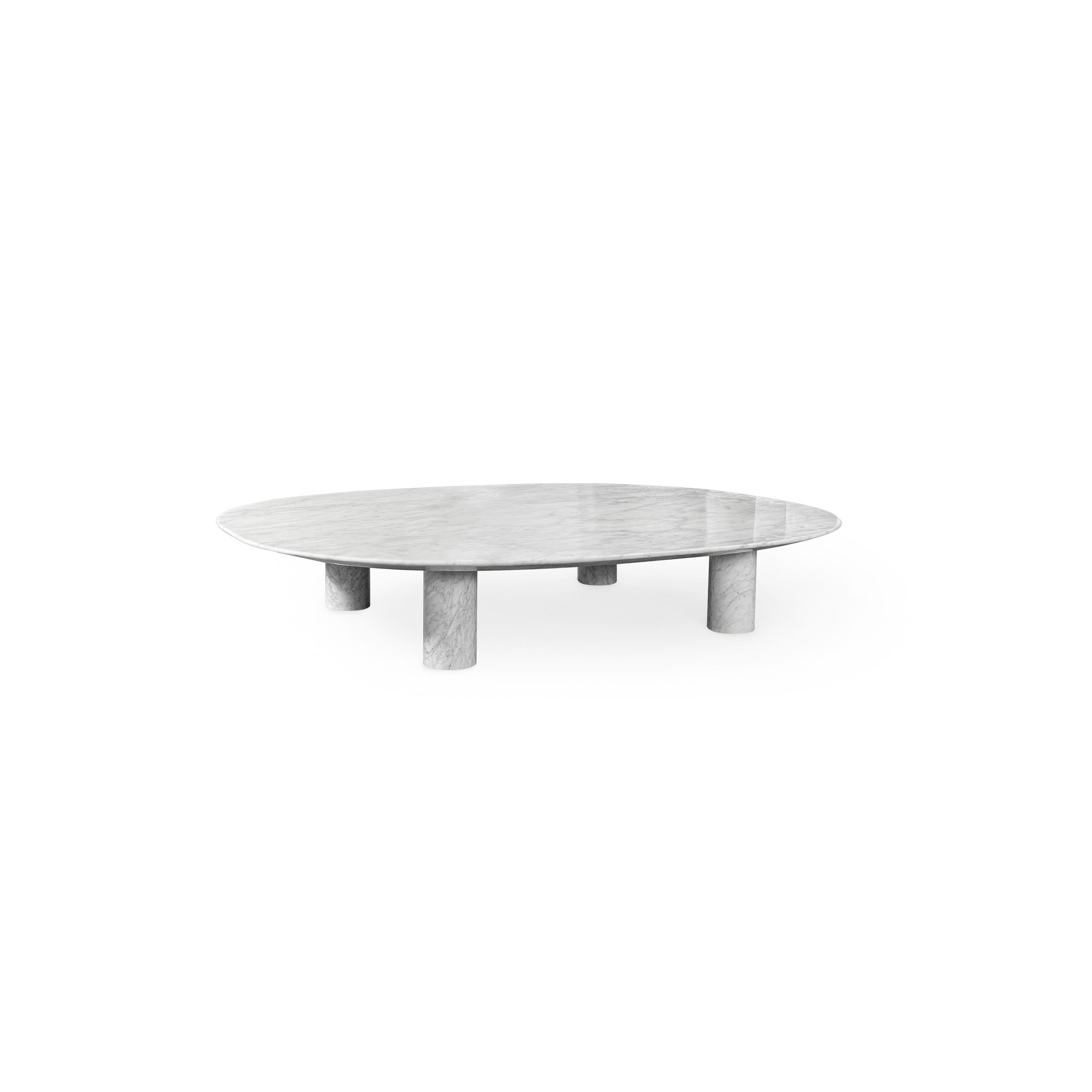 Oval coffee table with a smooth, light gray marble top supported by four cylindrical marble legs; minimalist design for placing items like books or drinks; no visible handles, fasteners, or upholstery; intended for use as a center table in living spaces; Category: furniture/coffee-tables