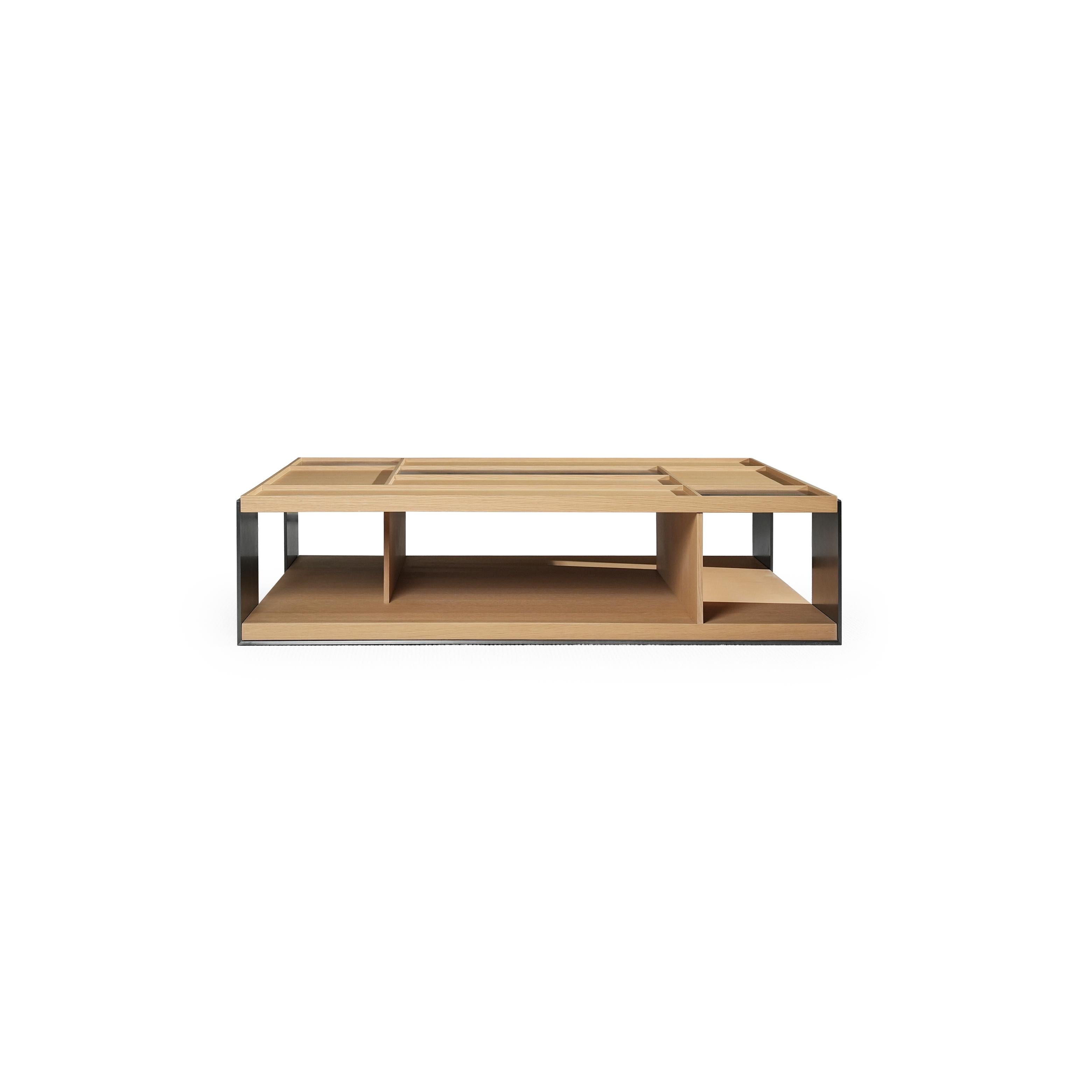 Rectangular coffee table with light wood top and dark gray metal frame, featuring recessed compartments and open lower shelf; constructed from wood and metal, designed for surface placement and storage; Category: Furniture > Coffee Tables