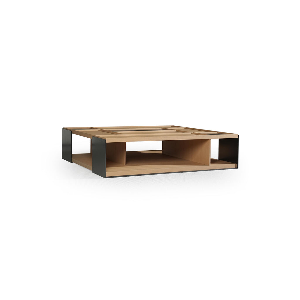 Rectangular coffee table with light wood top and dark gray metal frame, featuring recessed compartments and open lower shelf; constructed from wood and metal, designed for surface placement and storage; Category: Furniture > Coffee Tables