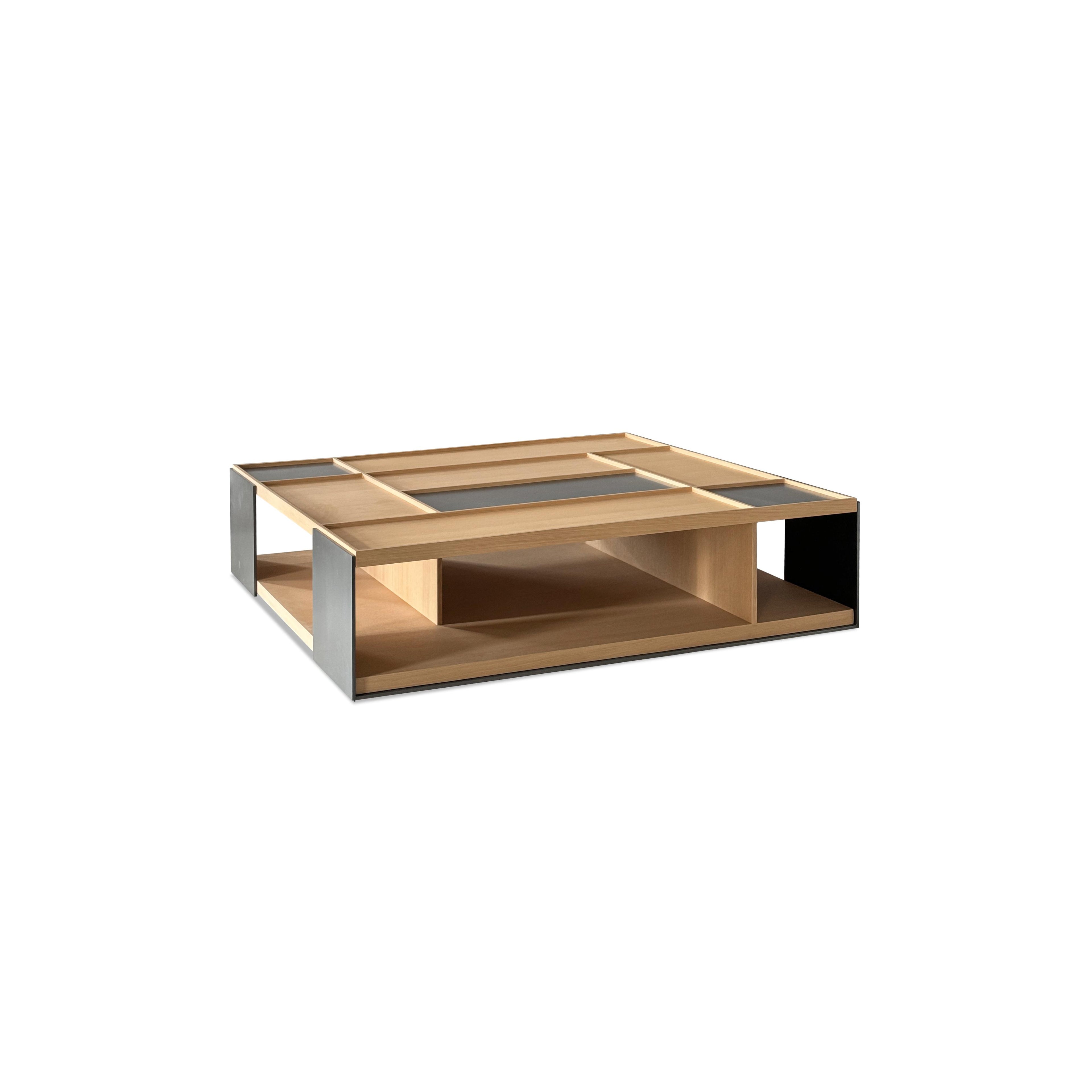 Rectangular coffee table with light wood top and dark gray metal frame, featuring recessed compartments and open lower shelf; constructed from wood and metal, designed for surface placement and storage; Category: Furniture > Coffee Tables
