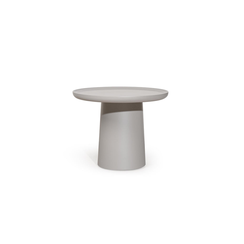 Round side table with a flat, dark gray top and a cylindrical pedestal base. No visible legs, handles, or drawers. Surface appears smooth and uniform. Intended for placing small items. Category: furniture/tables/side-tables