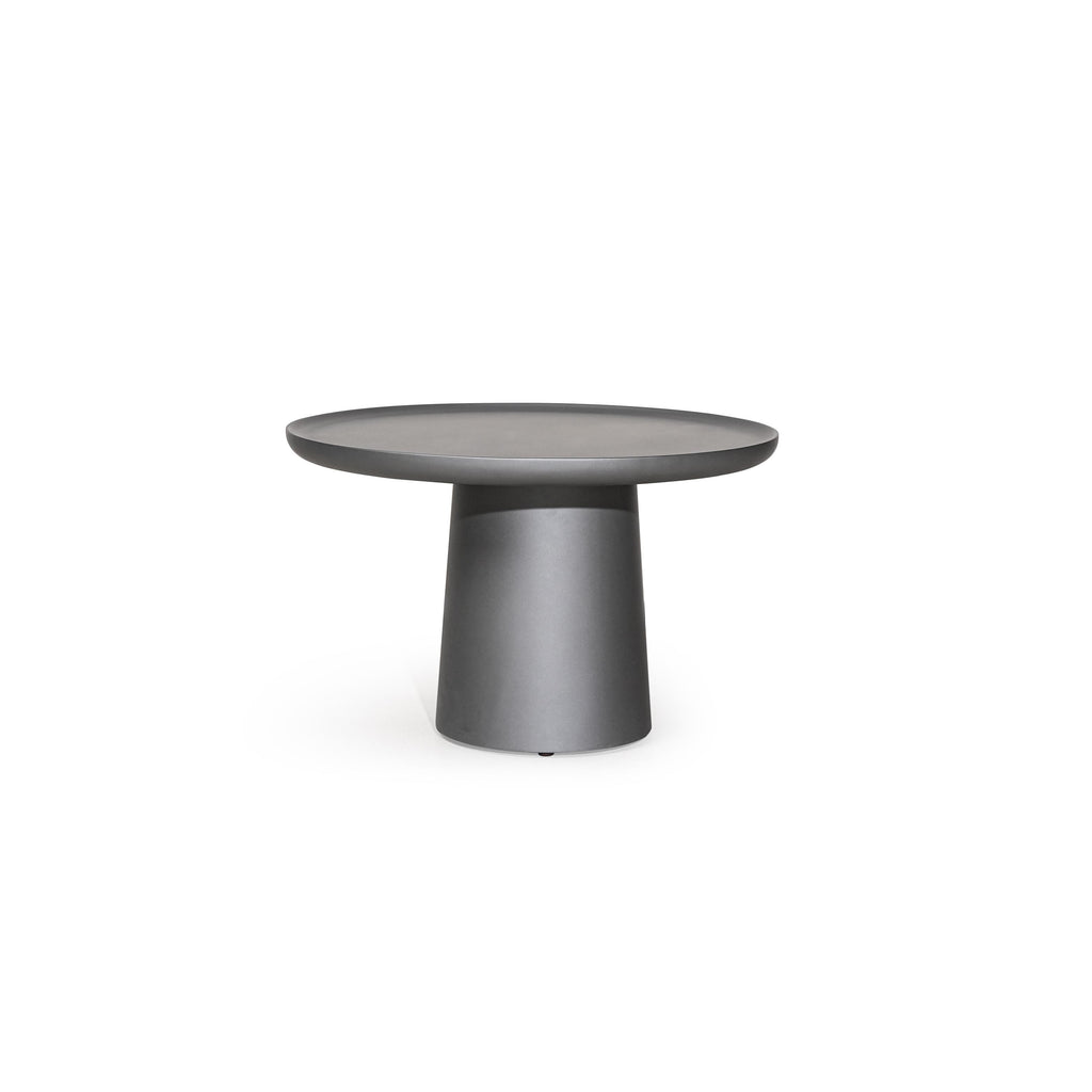 Round side table with a flat, dark gray top and a cylindrical pedestal base. No visible legs, handles, or drawers. Surface appears smooth and uniform. Intended for placing small items. Category: furniture/tables/side-tables