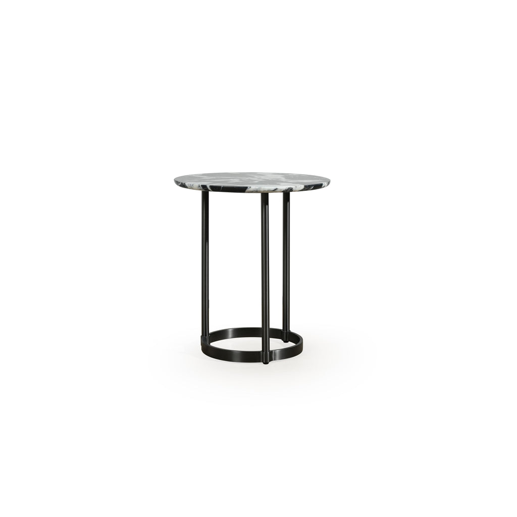Round side table with a gray and white marbled top supported by three slender black metal legs connected to a circular base ring. Intended for placing items beside seating. Category: furniture/tables/side-tables