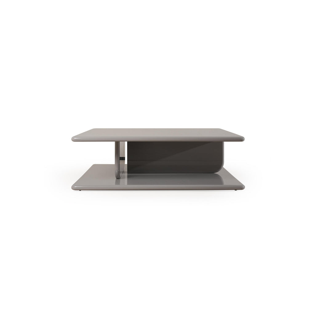 Modern square coffee table with two-tiered design, featuring a glossy gray finish on both top and base surfaces. It has a central support structure connecting the tiers. Intended for placing items on a living room floor. Category: furniture/coffee-tables