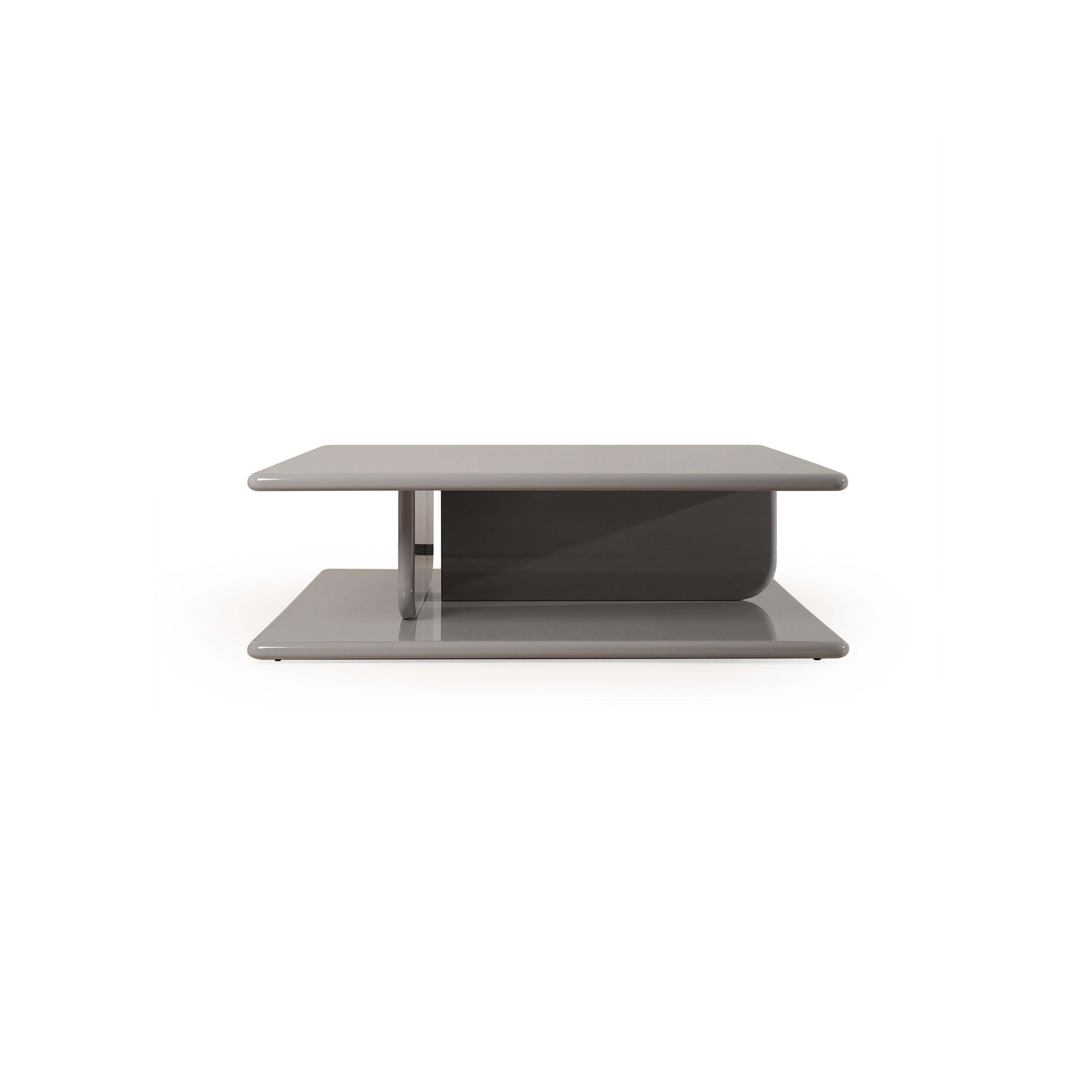 Modern square coffee table with two-tiered design, featuring a glossy gray finish on both top and base surfaces. It has a central support structure connecting the tiers. Intended for placing items on a living room floor. Category: furniture/coffee-tables