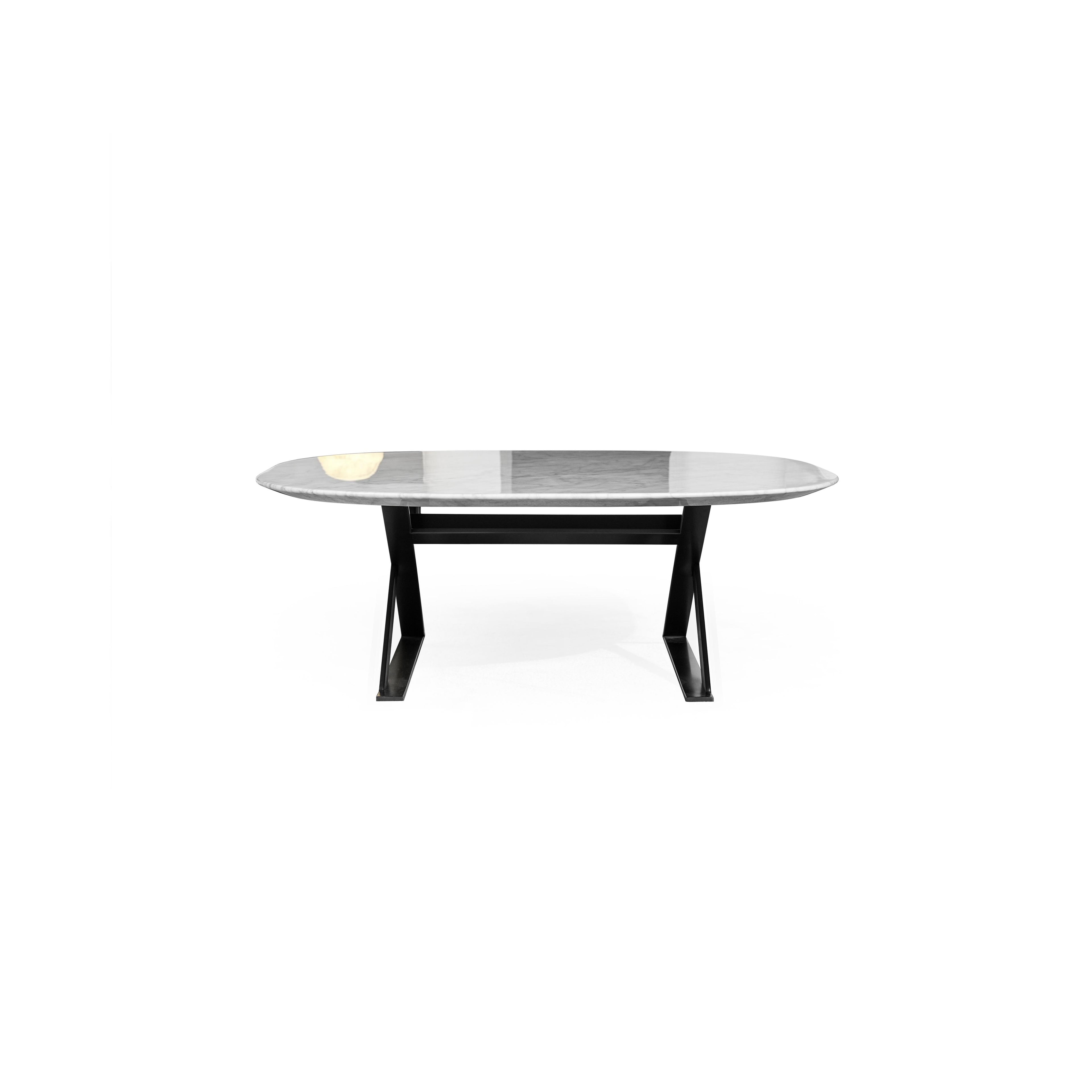 Oval coffee table with a light gray marble top and black metal X-shaped legs. The table has a flat, smooth surface and sturdy, angular legs forming a symmetrical base. Intended for placing drinks or small items. Category: furniture/coffee-tables