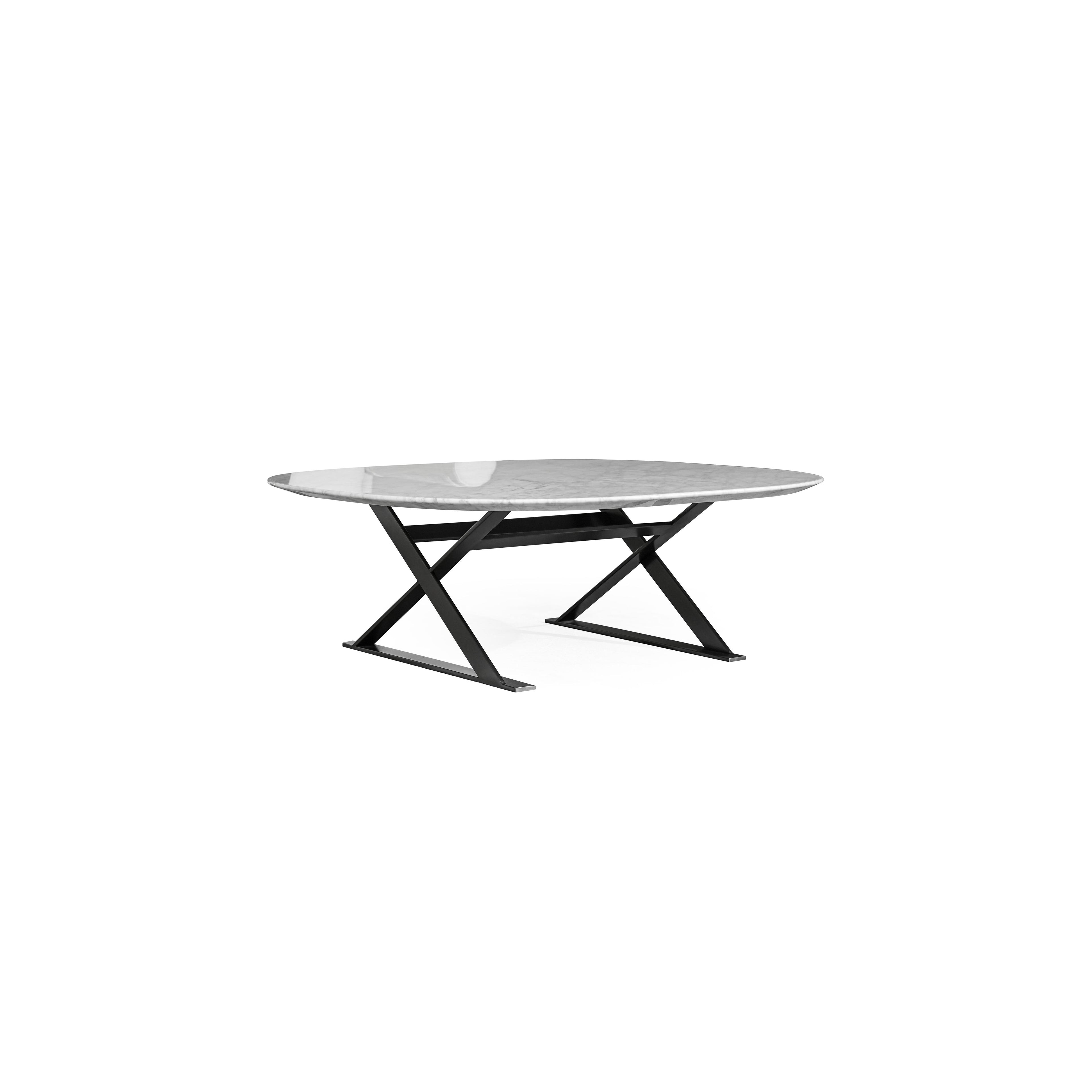 Oval coffee table with a light gray marble top and black metal X-shaped legs. The table has a flat, smooth surface and sturdy, angular legs forming a symmetrical base. Intended for placing drinks or small items. Category: furniture/coffee-tables