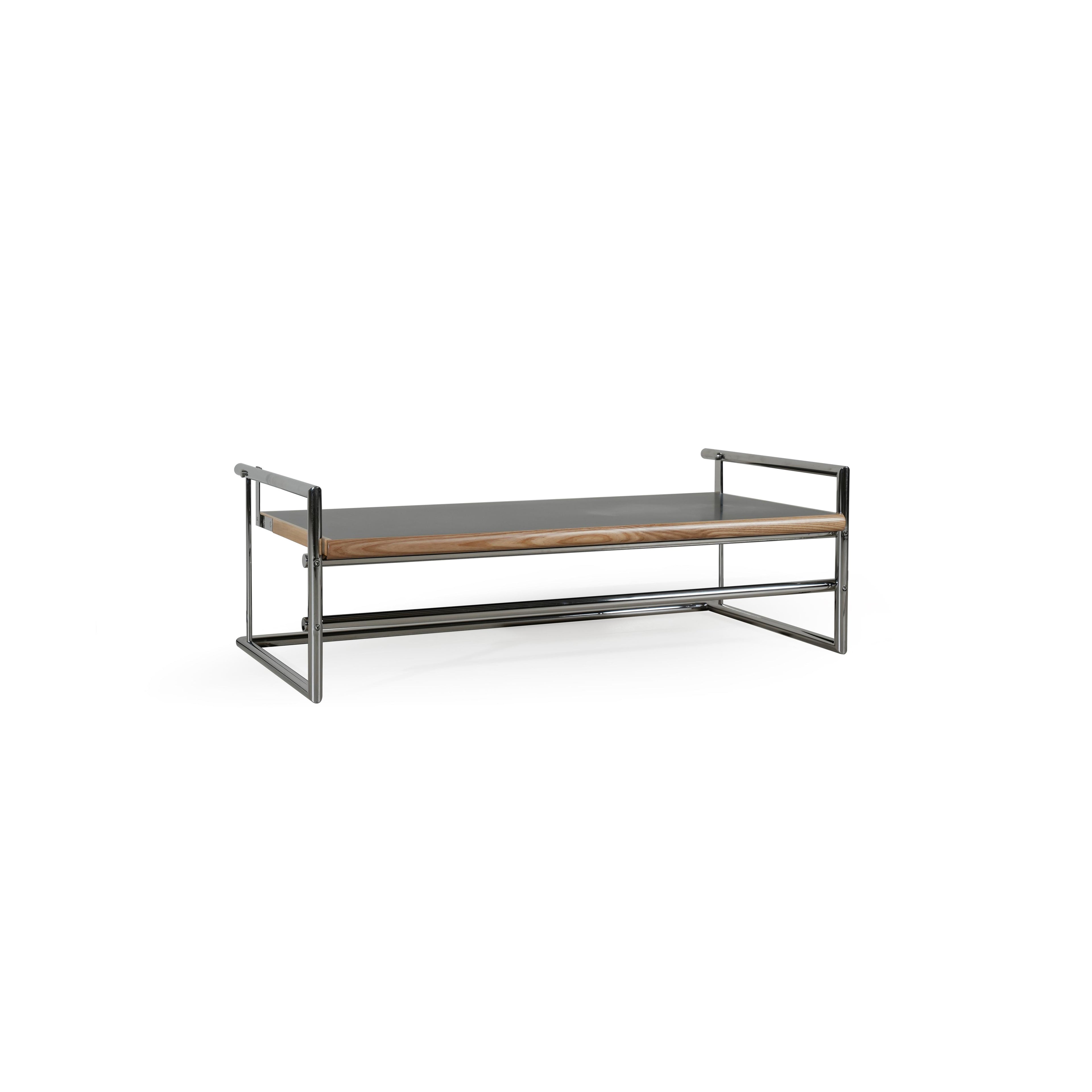 Modern console table with a rectangular top featuring a wood-grain edge and a gray surface, supported by a chrome metal frame with vertical legs and a lower horizontal bar; intended for hallway or entryway use; Category: furniture/console-tables