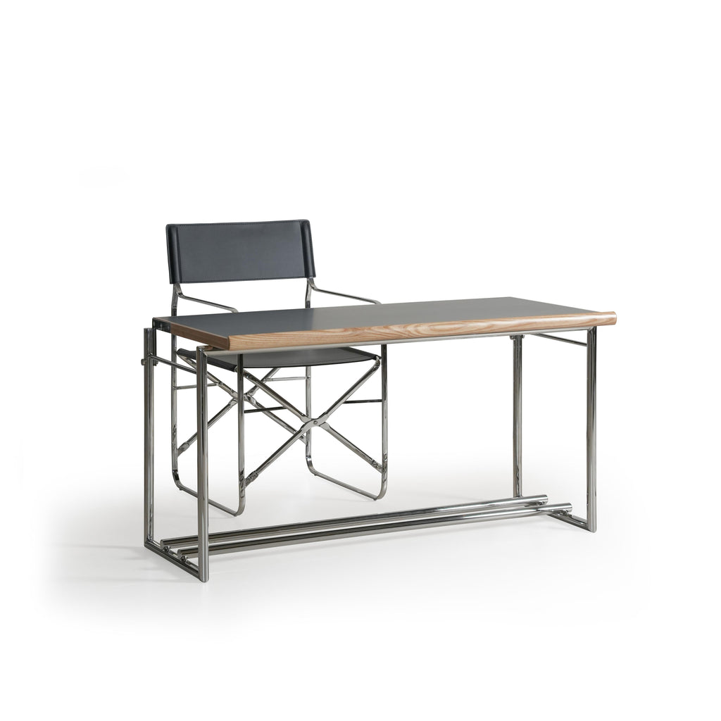 Modern console table with a rectangular top featuring a wood-grain edge and a gray surface, supported by a chrome metal frame with vertical legs and a lower horizontal bar; intended for hallway or entryway use; Category: furniture/console-tables