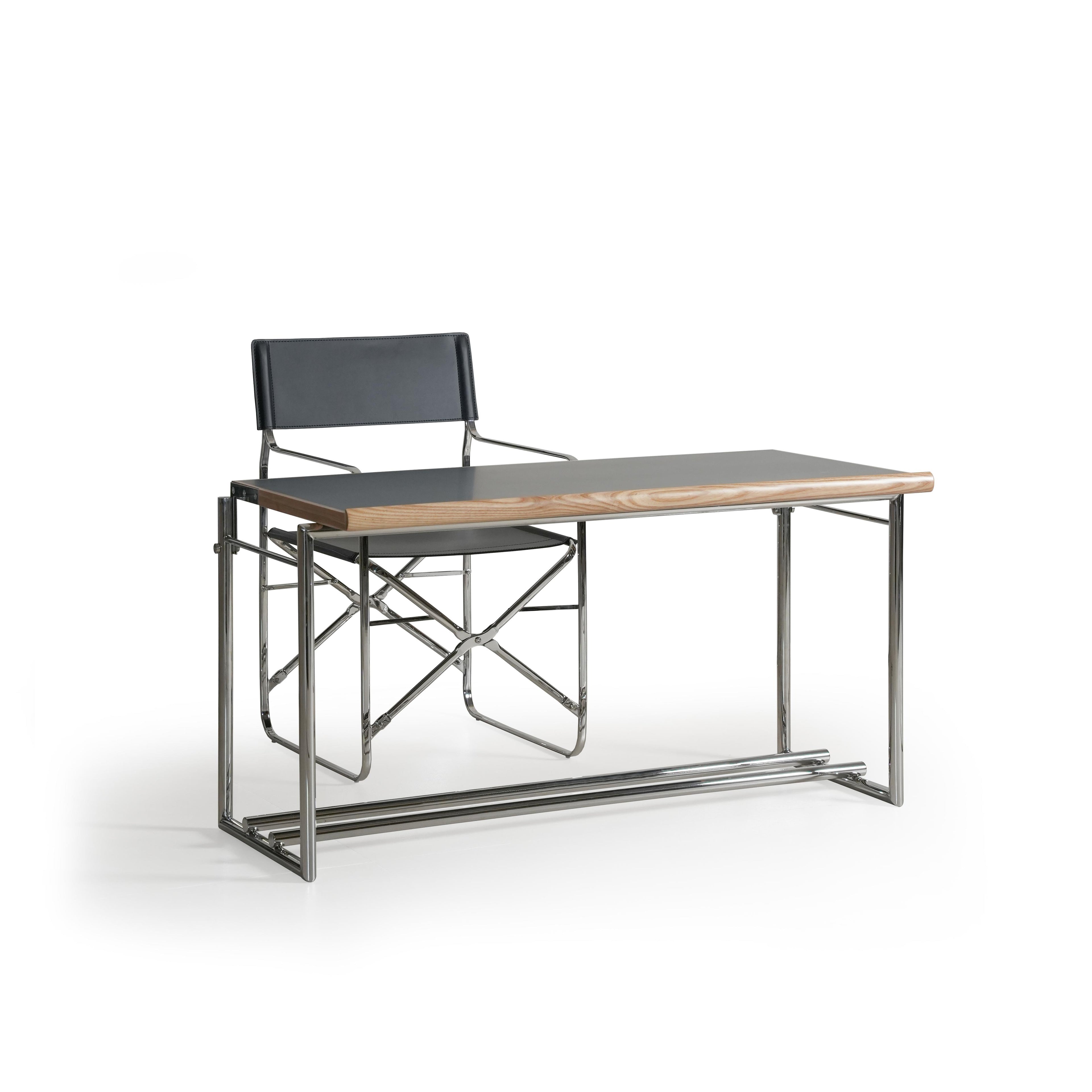 Modern console table with a rectangular top featuring a wood-grain edge and a gray surface, supported by a chrome metal frame with vertical legs and a lower horizontal bar; intended for hallway or entryway use; Category: furniture/console-tables