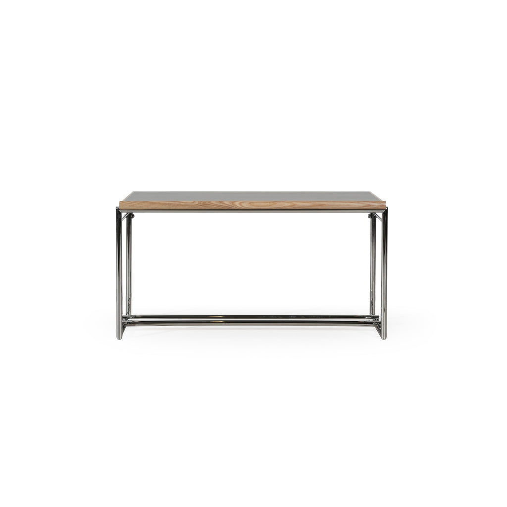 Modern console table with a rectangular top featuring a wood-grain edge and a gray surface, supported by a chrome metal frame with vertical legs and a lower horizontal bar; intended for hallway or entryway use; Category: furniture/console-tables