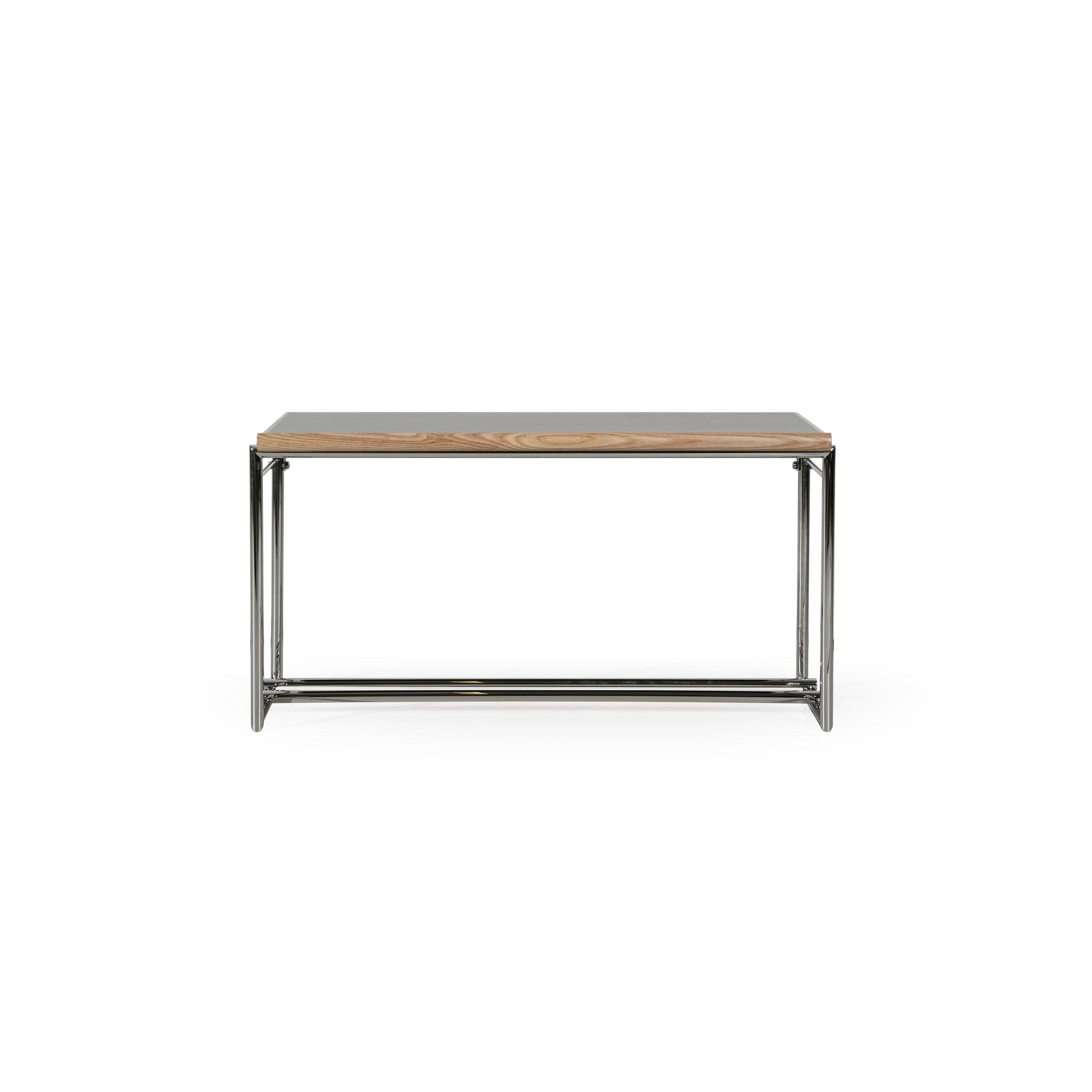 Modern console table with a rectangular top featuring a wood-grain edge and a gray surface, supported by a chrome metal frame with vertical legs and a lower horizontal bar; intended for hallway or entryway use; Category: furniture/console-tables