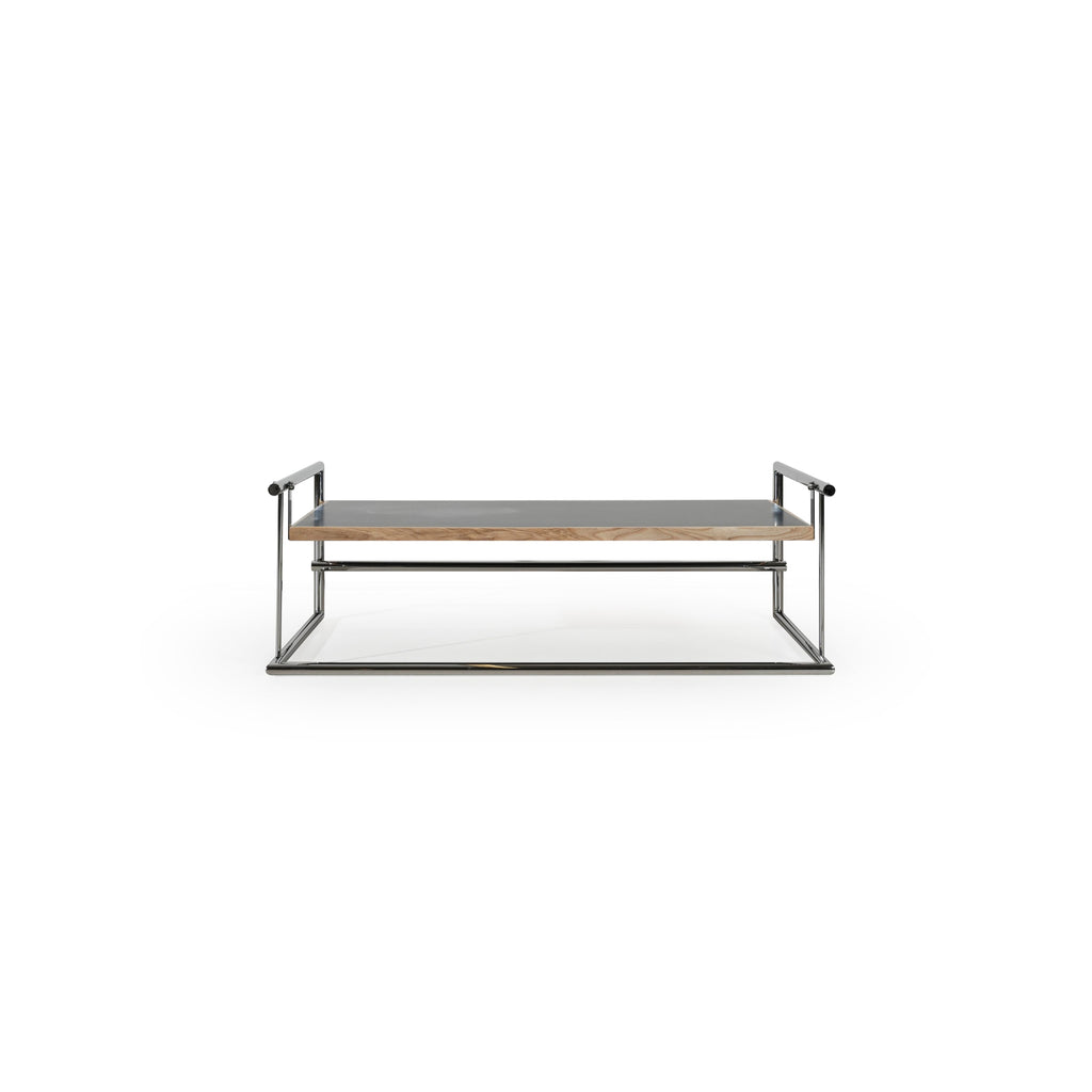 Modern console table with a rectangular top featuring a wood-grain edge and a gray surface, supported by a chrome metal frame with vertical legs and a lower horizontal bar; intended for hallway or entryway use; Category: furniture/console-tables