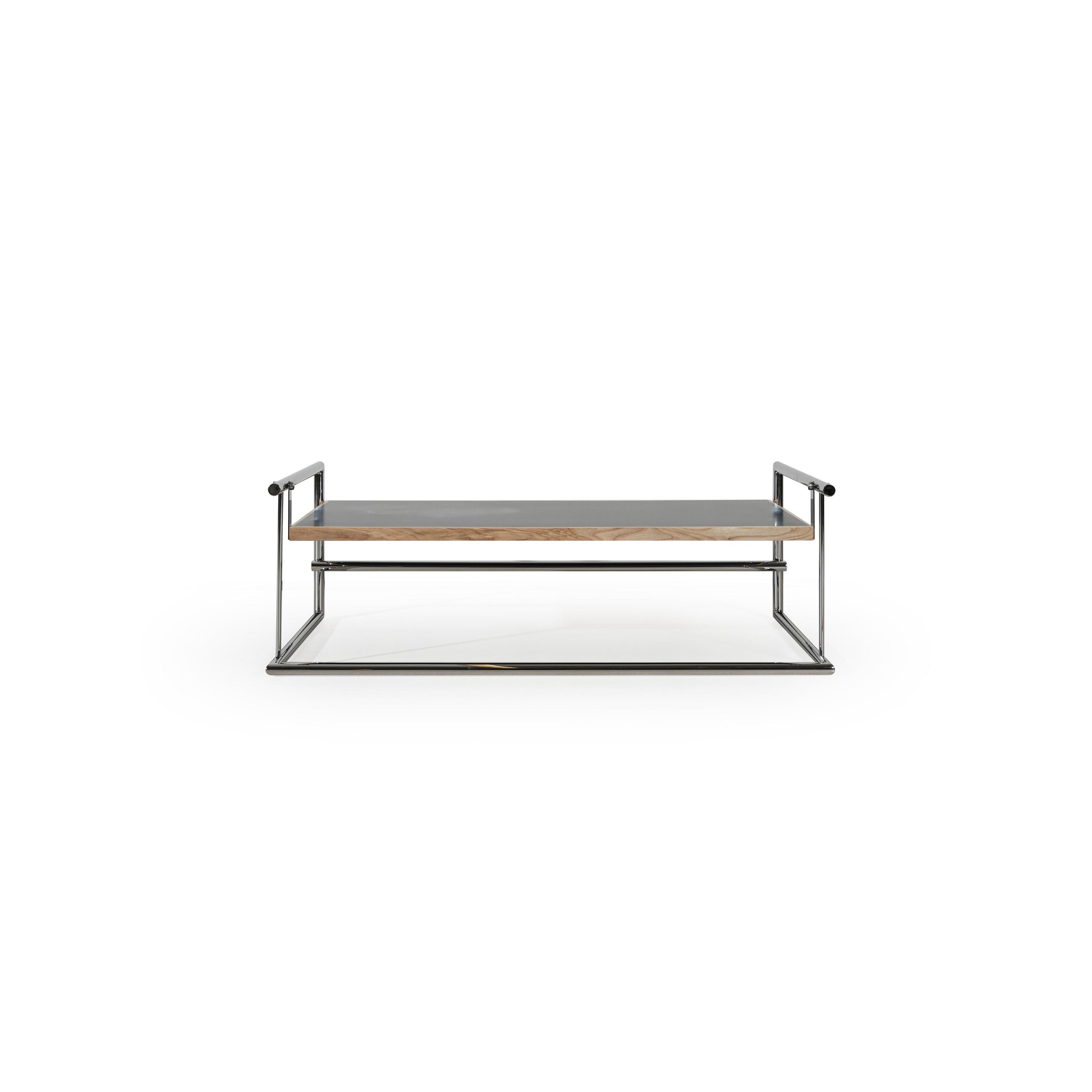 Modern console table with a rectangular top featuring a wood-grain edge and a gray surface, supported by a chrome metal frame with vertical legs and a lower horizontal bar; intended for hallway or entryway use; Category: furniture/console-tables