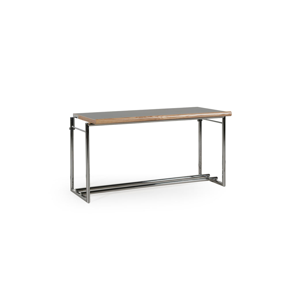Modern console table with a rectangular top featuring a wood-grain edge and a gray surface, supported by a chrome metal frame with vertical legs and a lower horizontal bar; intended for hallway or entryway use; Category: furniture/console-tables