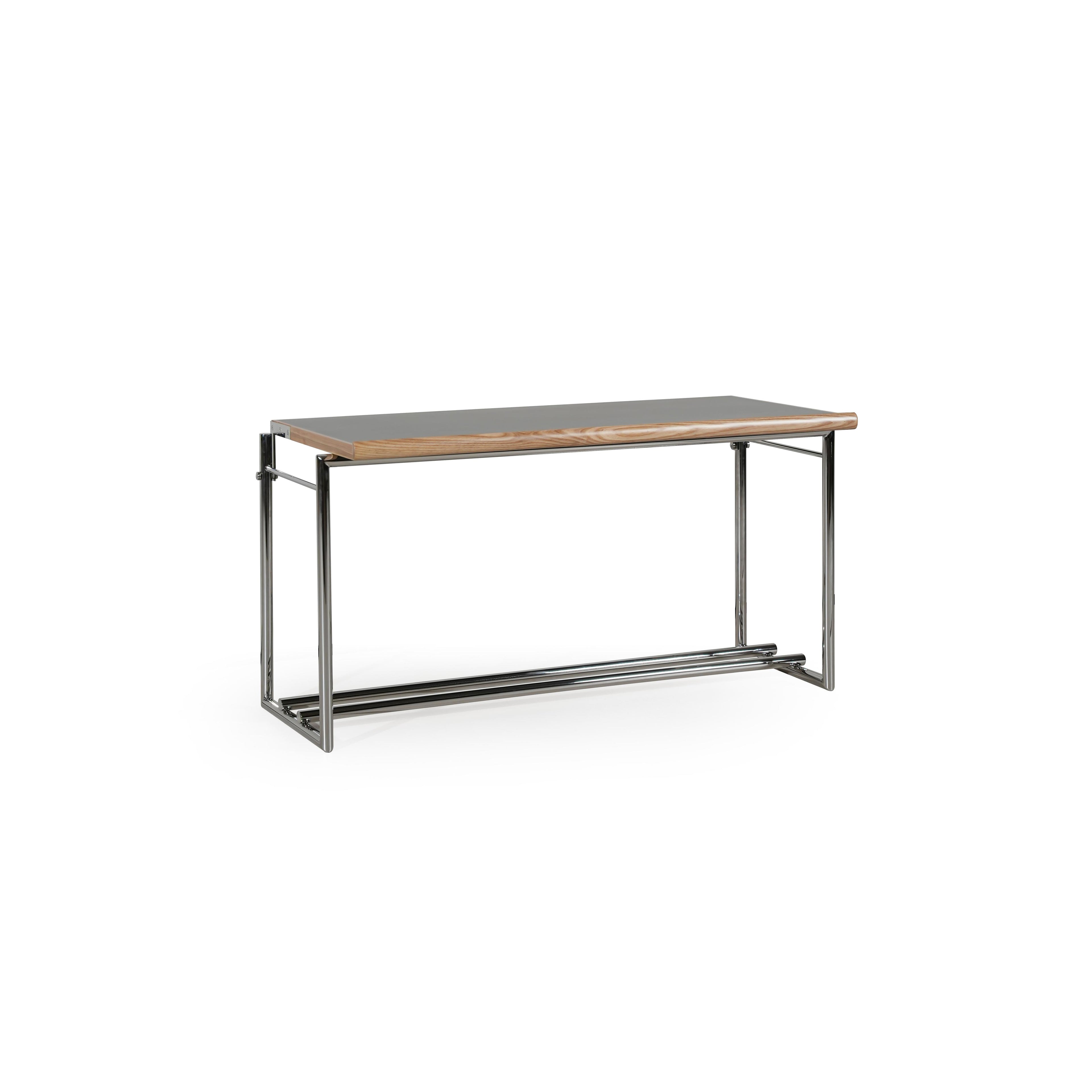 Modern console table with a rectangular top featuring a wood-grain edge and a gray surface, supported by a chrome metal frame with vertical legs and a lower horizontal bar; intended for hallway or entryway use; Category: furniture/console-tables